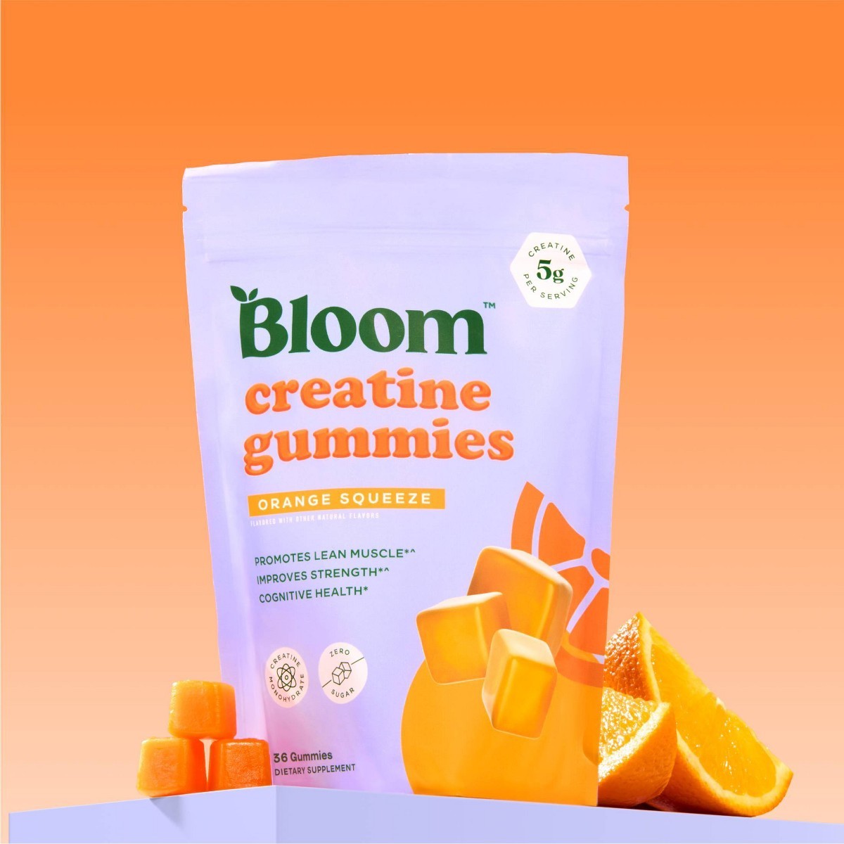 BLOOM NUTRITION Creatine Monohydrate Gummies – Orange Squeeze – 36ct/12 Servings