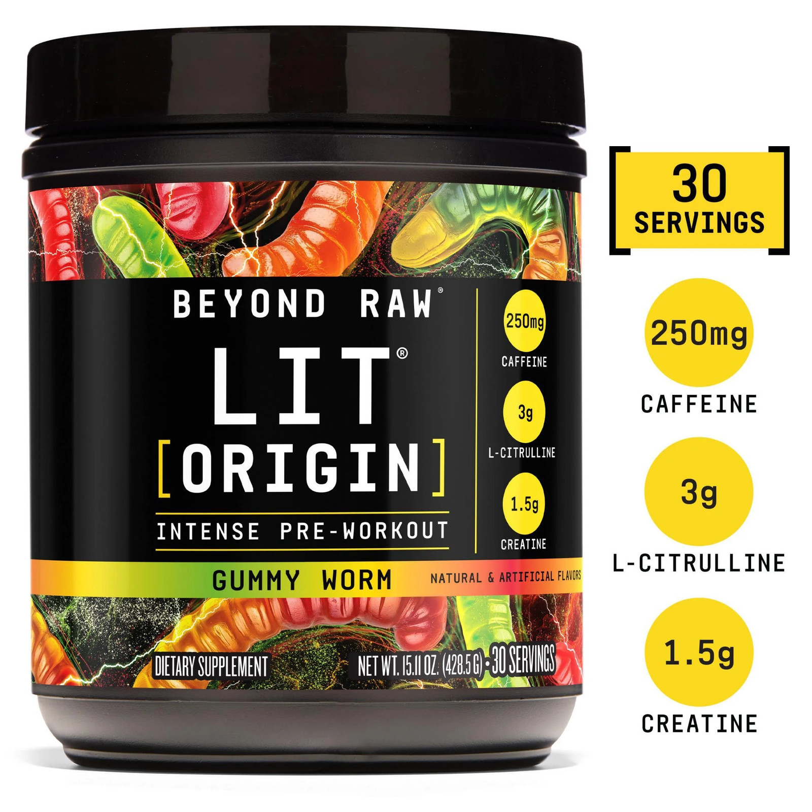 Beyond Raw LIT Origin Pre Workout Powder, Gummy Worm, for Men & Women, Energy &