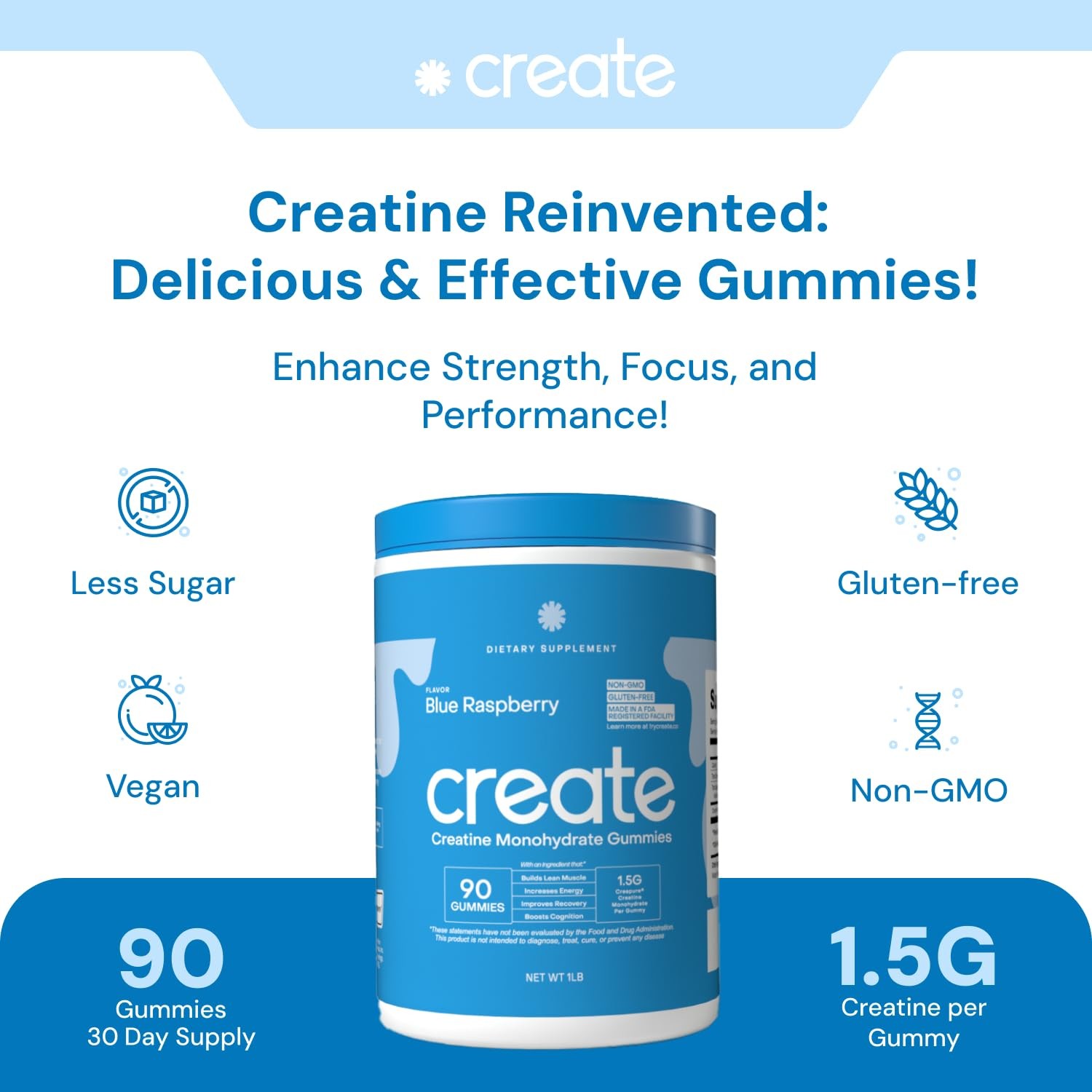 Create Creatine Gummies 1.5g Focus Strength Endurance Vegan Blue Raspberry 90ct