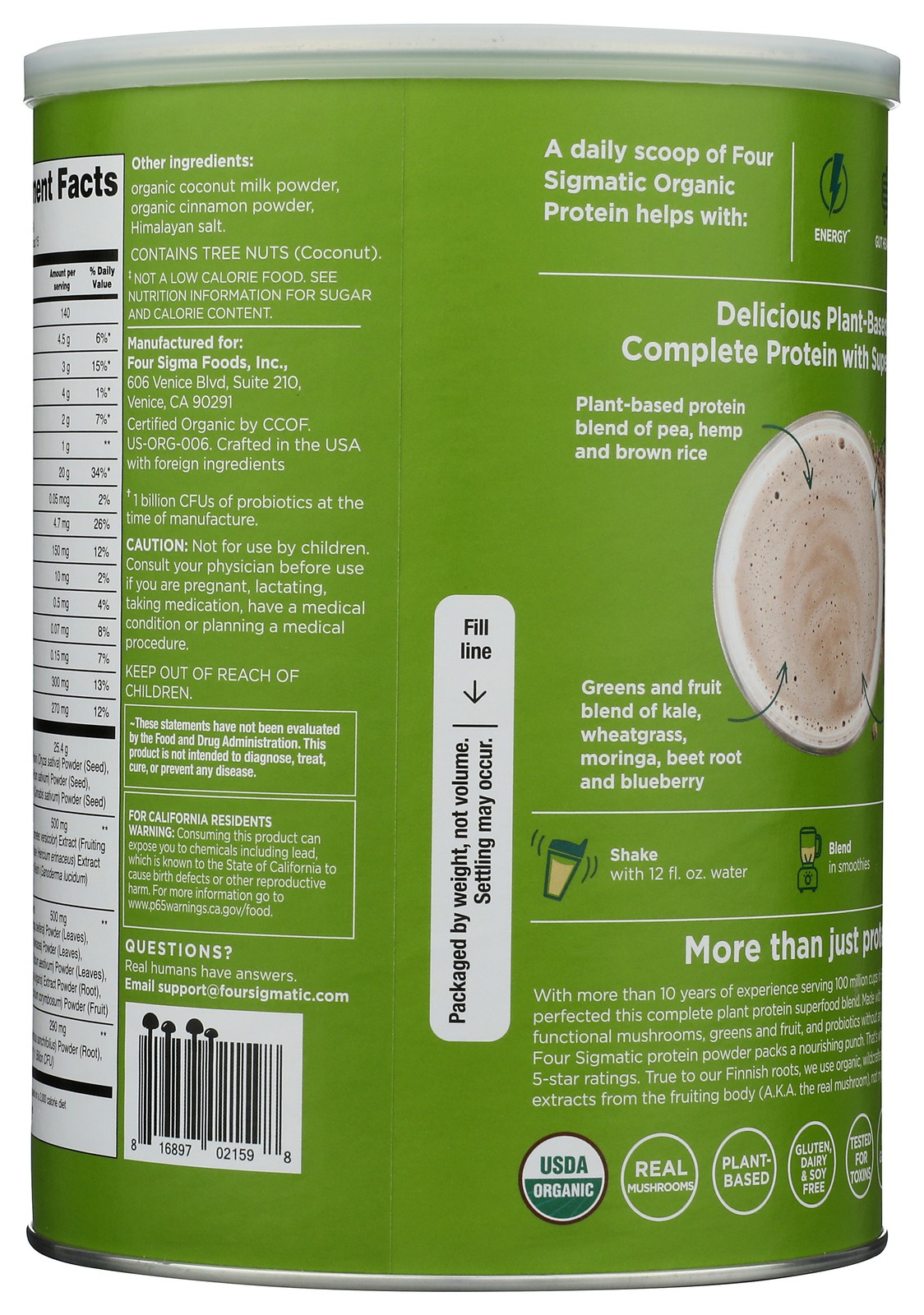 Four Sigmatic Plant Based Protein Powder Organic Unflavored 16.9Oz 16.9 1 Pack