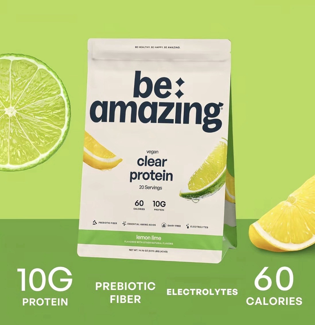 Be Amazing Vegan Clear Protein Lemon Lime 20 Servings 14.96 Oz Exp 11/2027