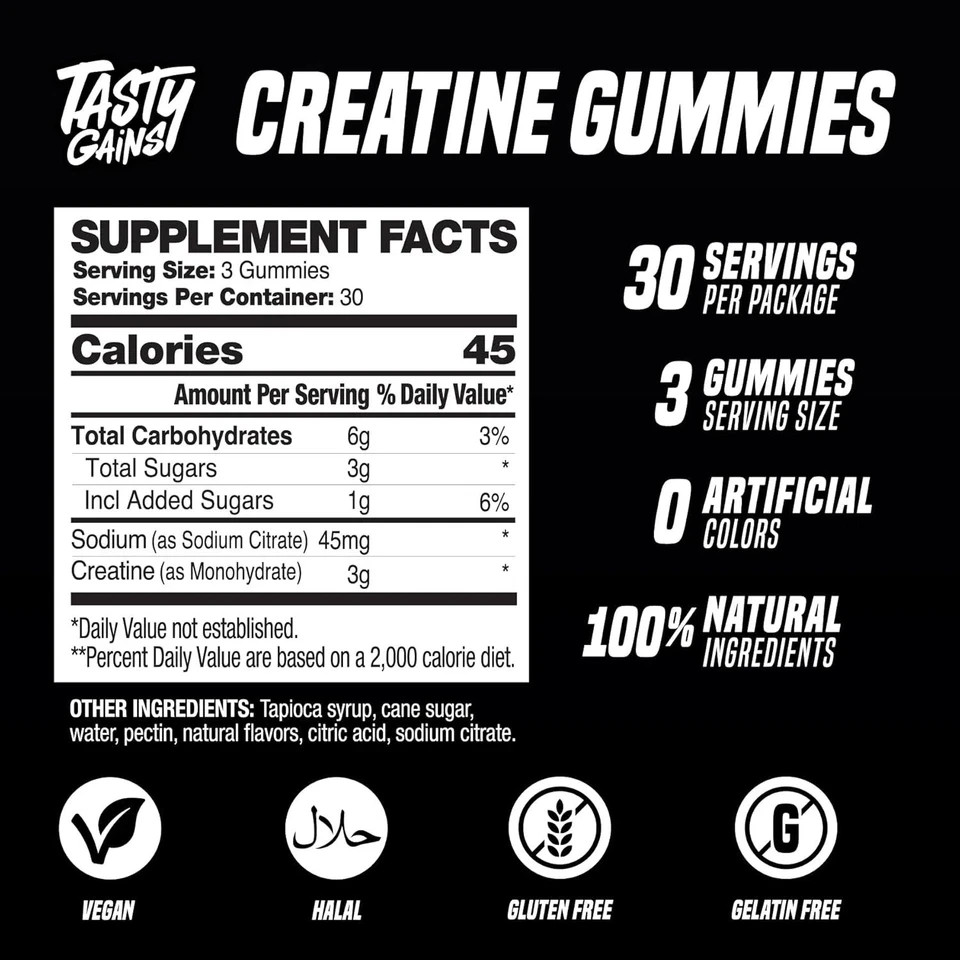 TASTY GAINS Creatine 90 Gummies – 90g of Creatine Monohydrate Blue Raspberry