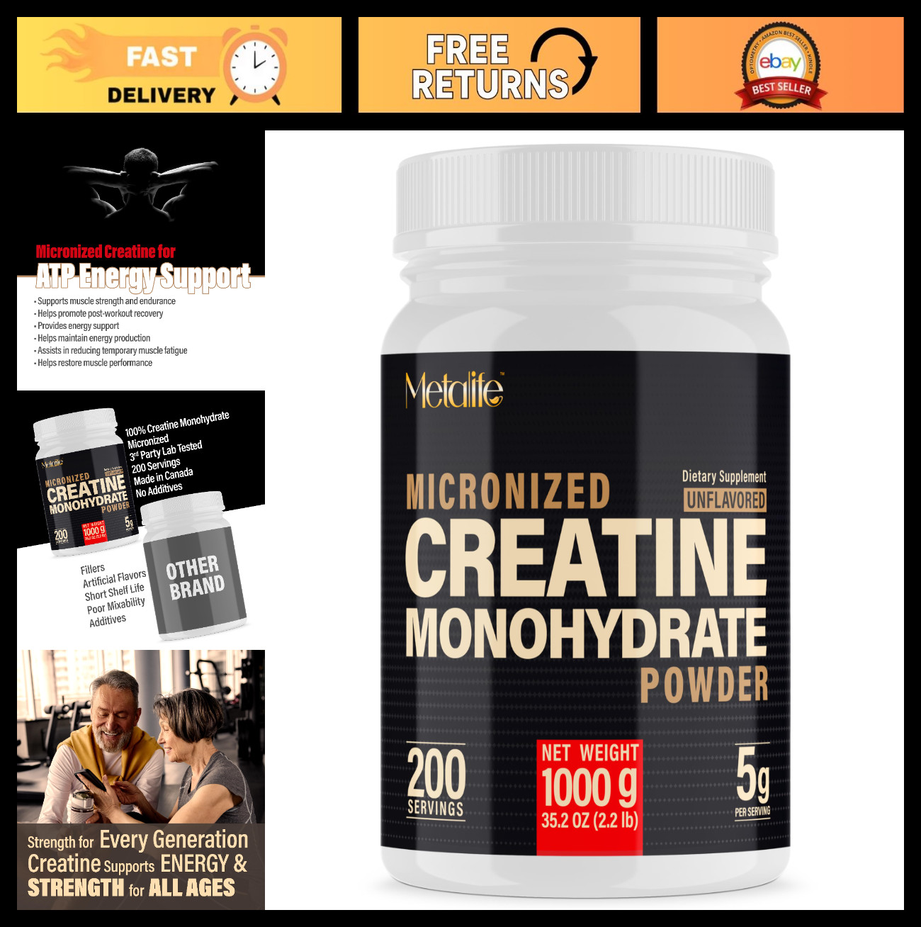 100% Pure Micronized Creatine Monohydrate Powder, 200 Servings, Unflavored, Vega