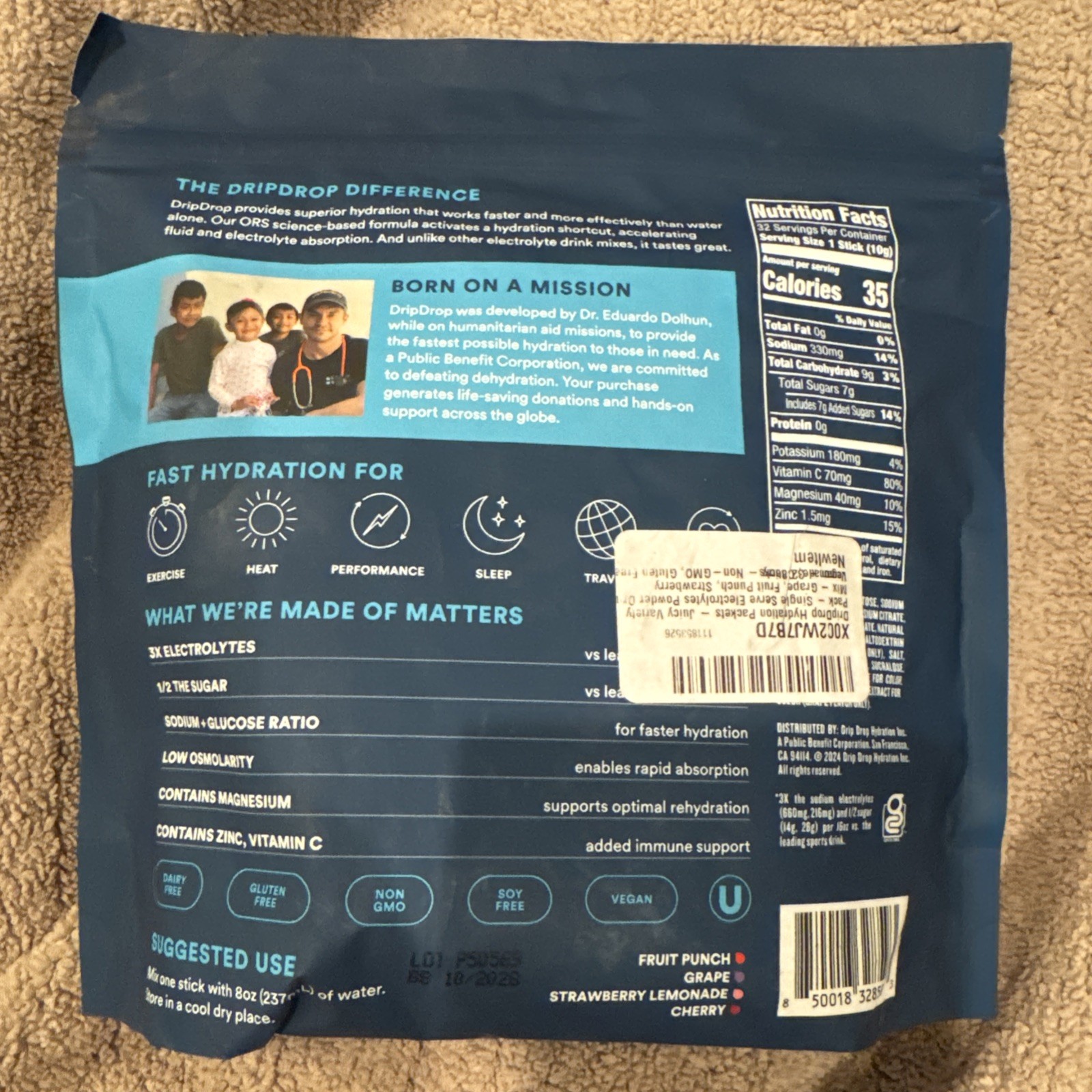 32 Servings DripDrop Hydration Juicy Variety Pack Electrolyte Drink Mix Singles