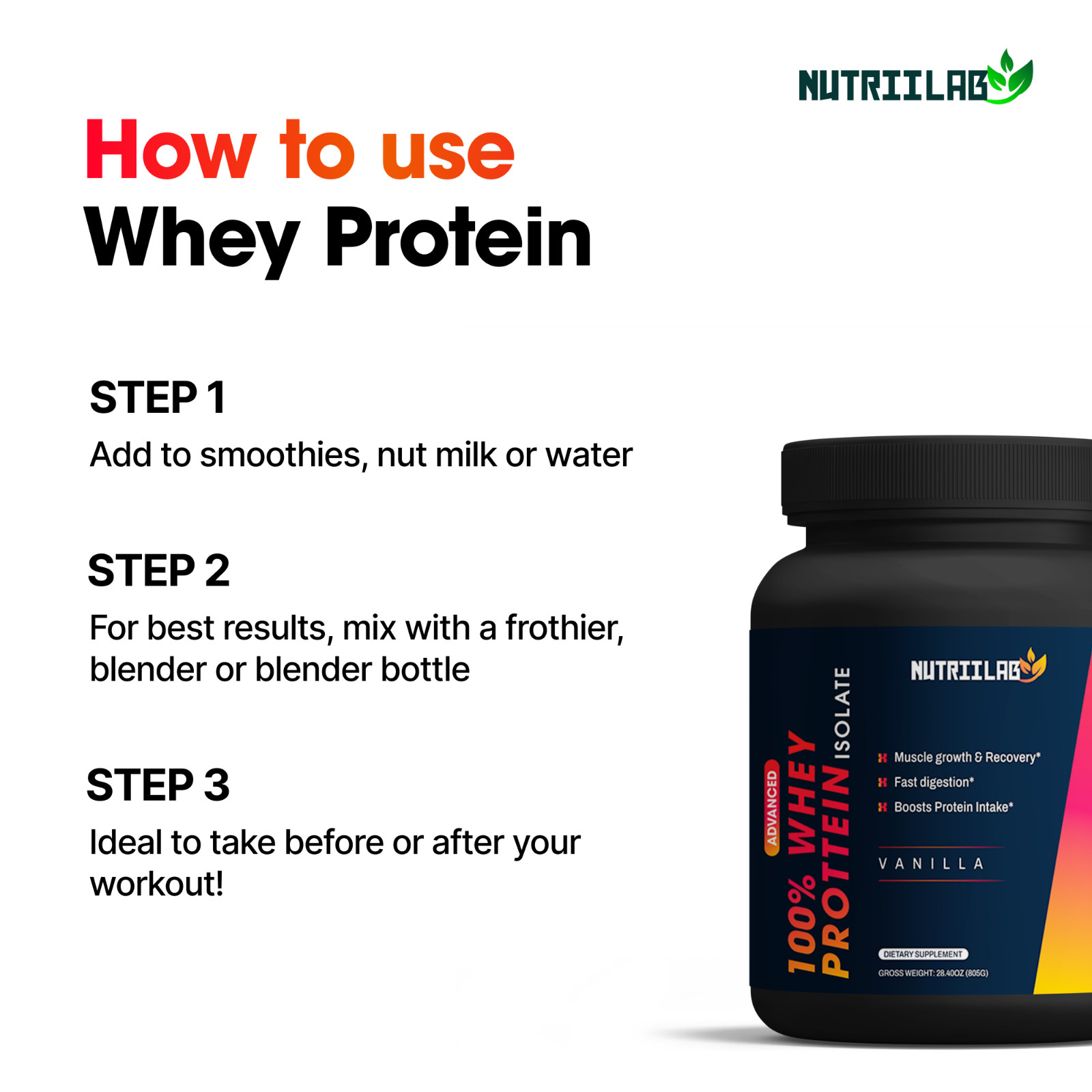 NutriiLab 100% Whey Isolate Protein Powder Vanilla Chocolate Lactose Free 24 Srv