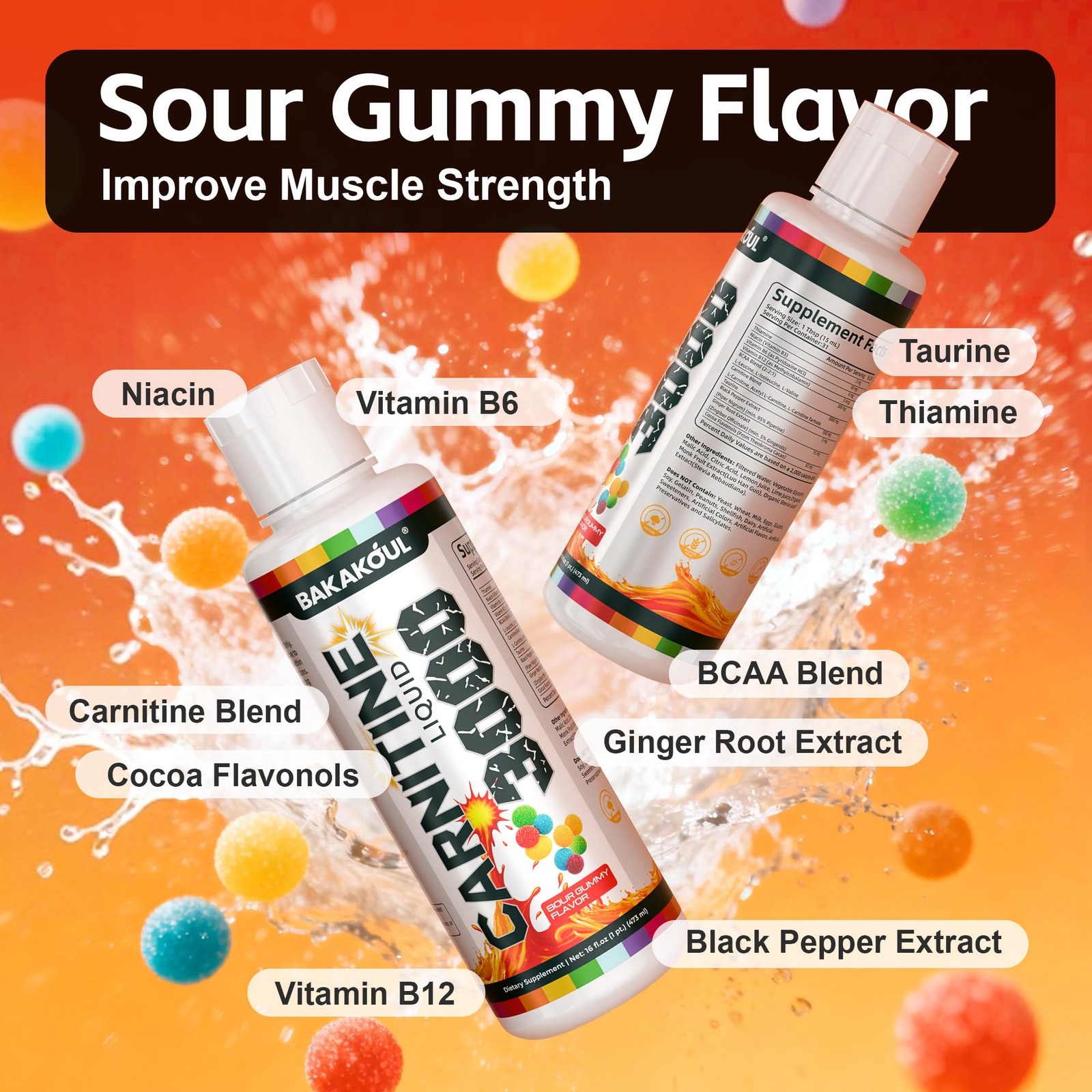 L-Carnitine Liquid 3000mg BCAA Sports Supplement Energy Muscle Sour Gummy