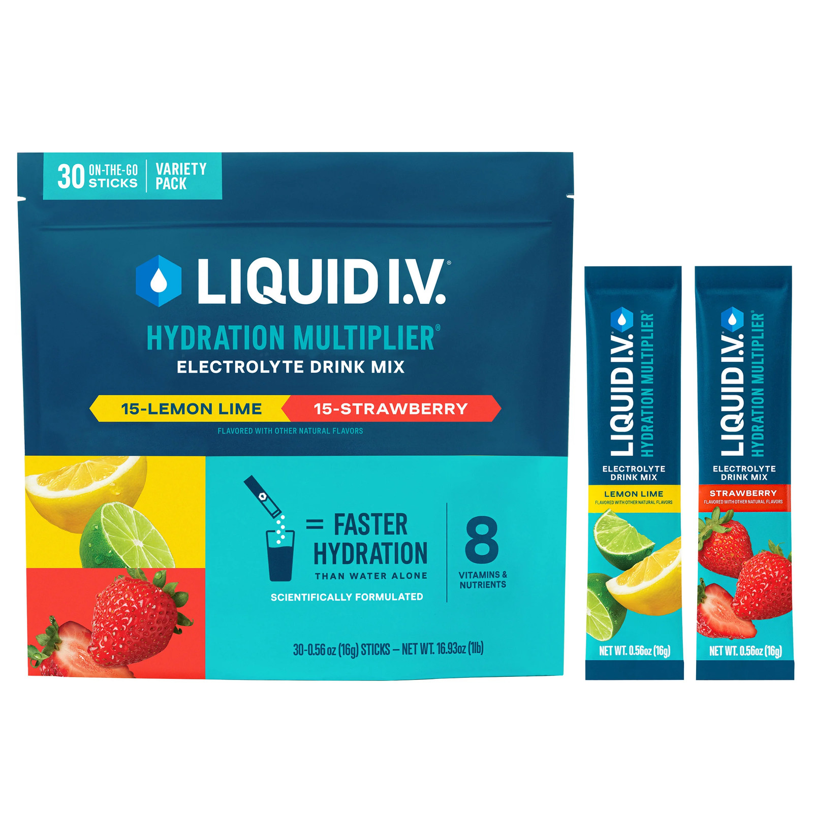 Liquid I.V. Electrolytes Drink Mix, Lemon-Lime & Strawberry, 30 Packets
