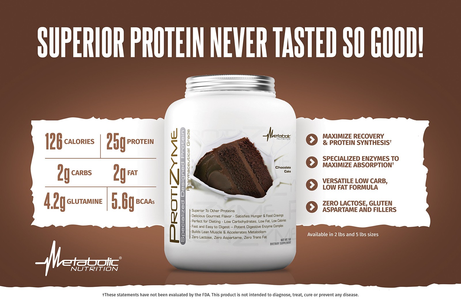 Metabolic Nutrition Protizyme 100% Whey Protein Powder Chocolate Cake 2lb High P
