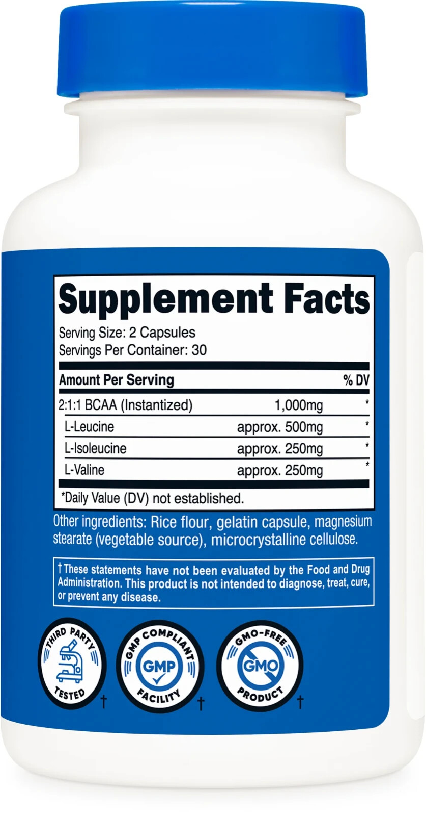 Nutricost BCAA Caps 500mg, 60caps 30servings GF Non-GMO – EXP 08/2027