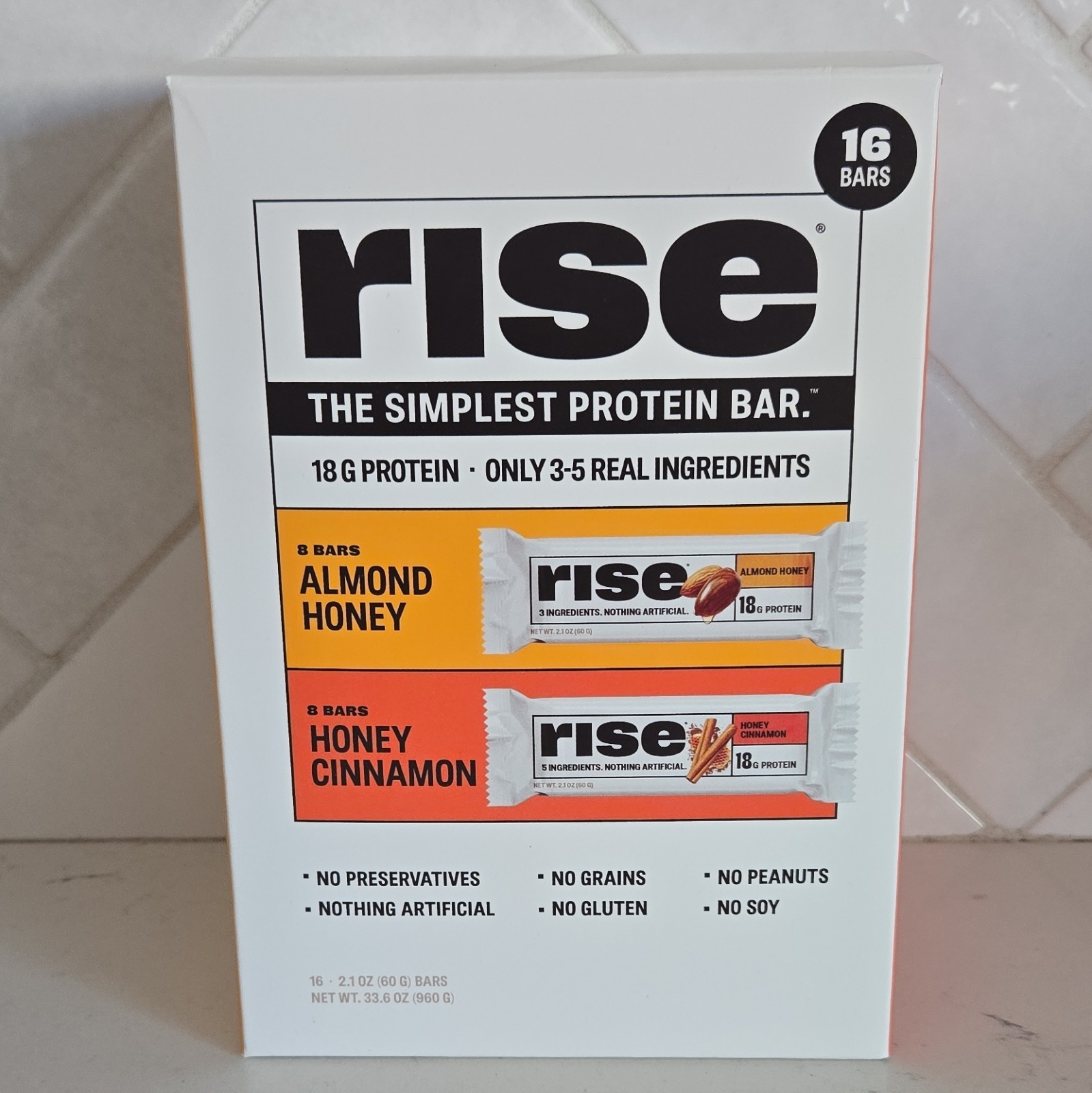 Rise Simplest Protein Bar 16 Bars (8) Almond Honey & (8) Honey Cinnamon