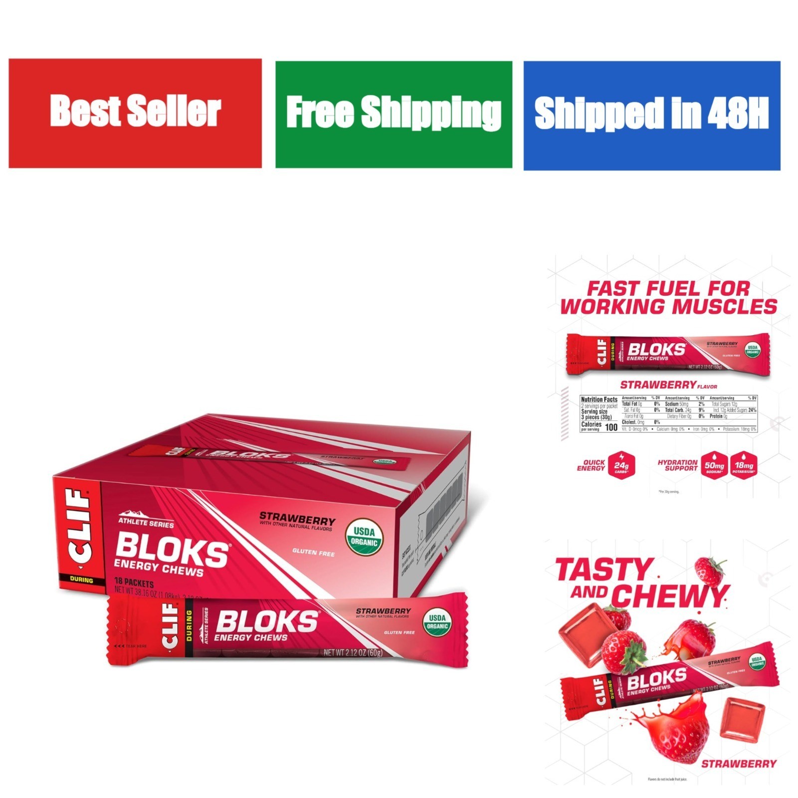 CLIF BLOKS Strawberry Flavor Energy Chews – Plant Based, Non-GMO, 18 Count