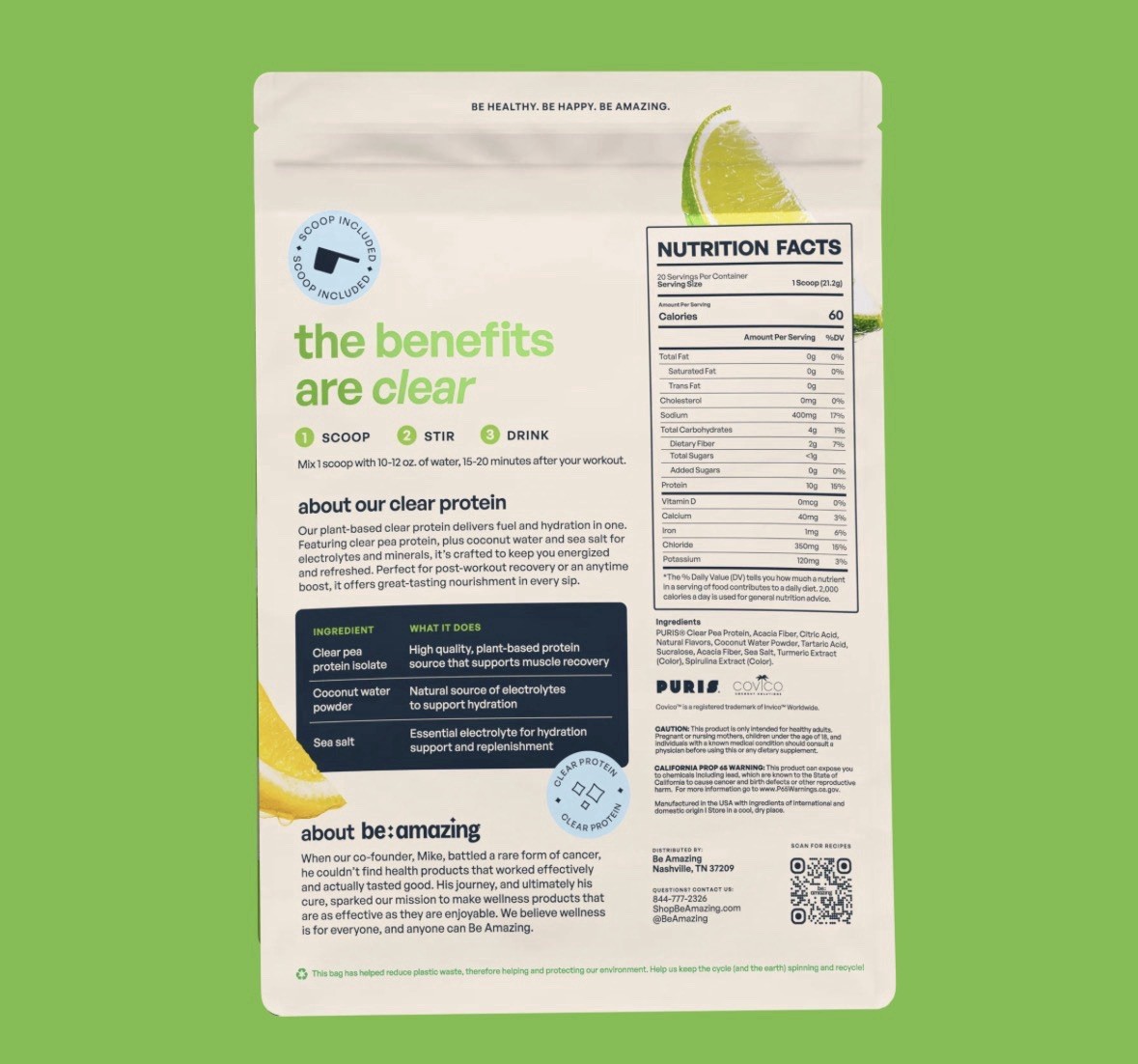Be Amazing Vegan Clear Protein Lemon Lime 20 Servings 14.96 Oz Exp 11/2027