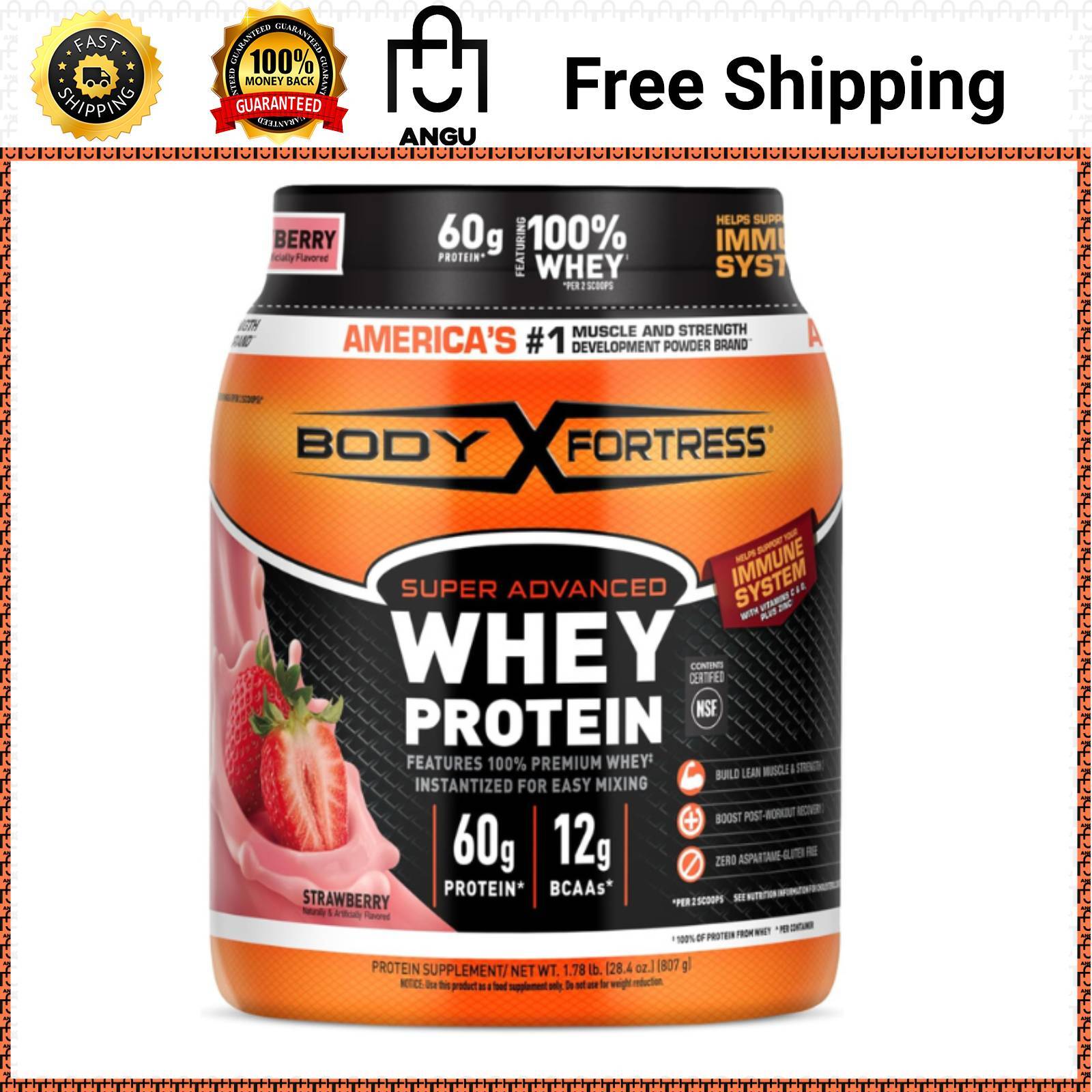 Body Fortress Super Advanced 100% Premium Whey Protein Powder Strawberry 1.78lbs