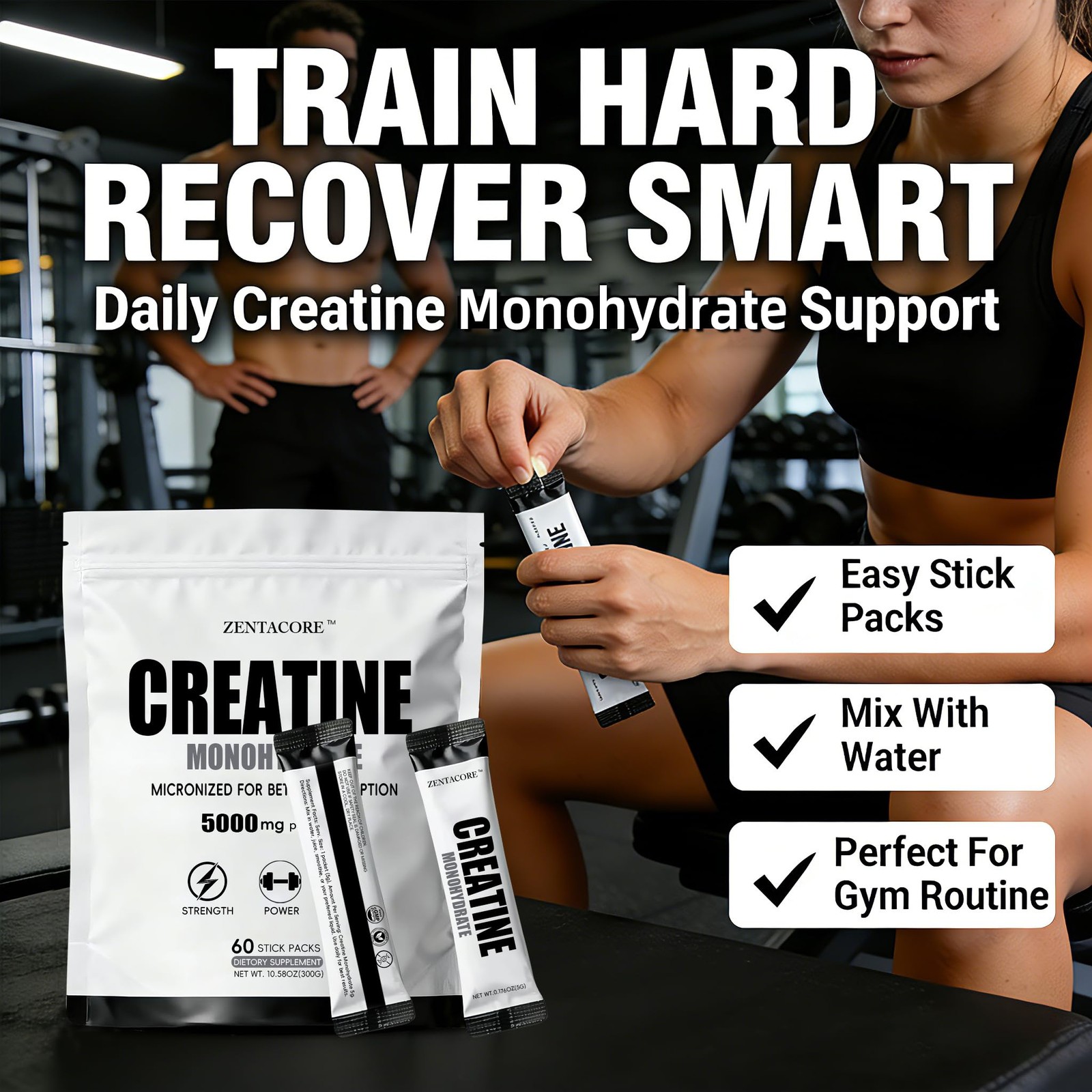 Creatine Monohydrate Stick Packs 5g – 60 Single Serve Creatine Packets, Micro…