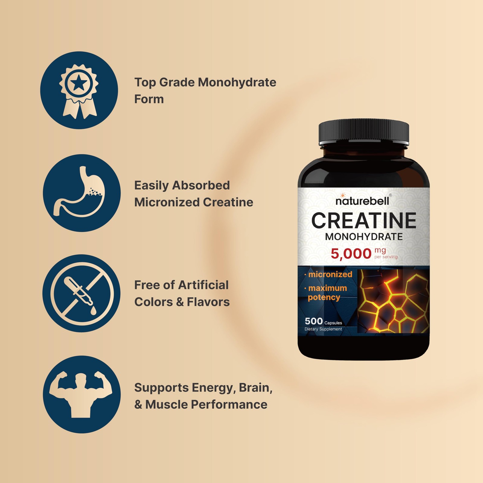 NatureBell Creatine Monohydrate Capsules 5,000mg Per 500 Count (Pack of 1)