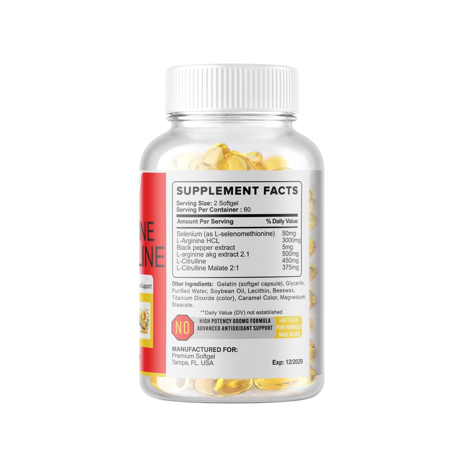 L-Arginine L-Citrulline Nitric Oxide Booster 3000mg 360 Softgels 90 Servings USA