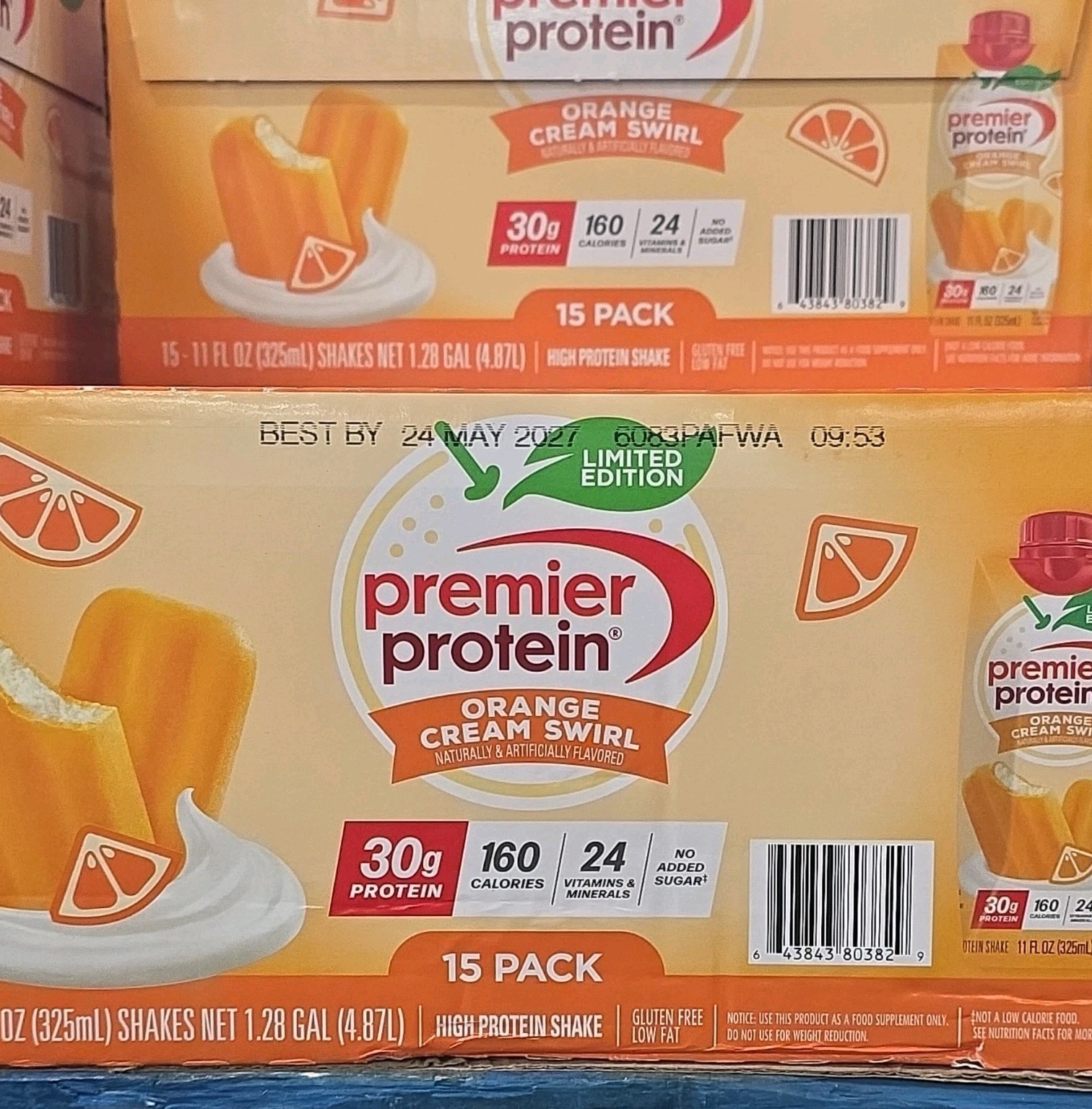 Premier Protein Orange Cream Swirl Shake 30g Protein Gluten-Free Low Fat 15pk