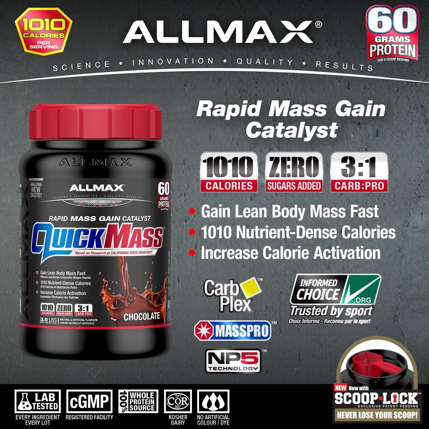 Allmax Quickmass Chocolate Weight Gain Powder Supplement 3.5 LBS, Exp:27JN