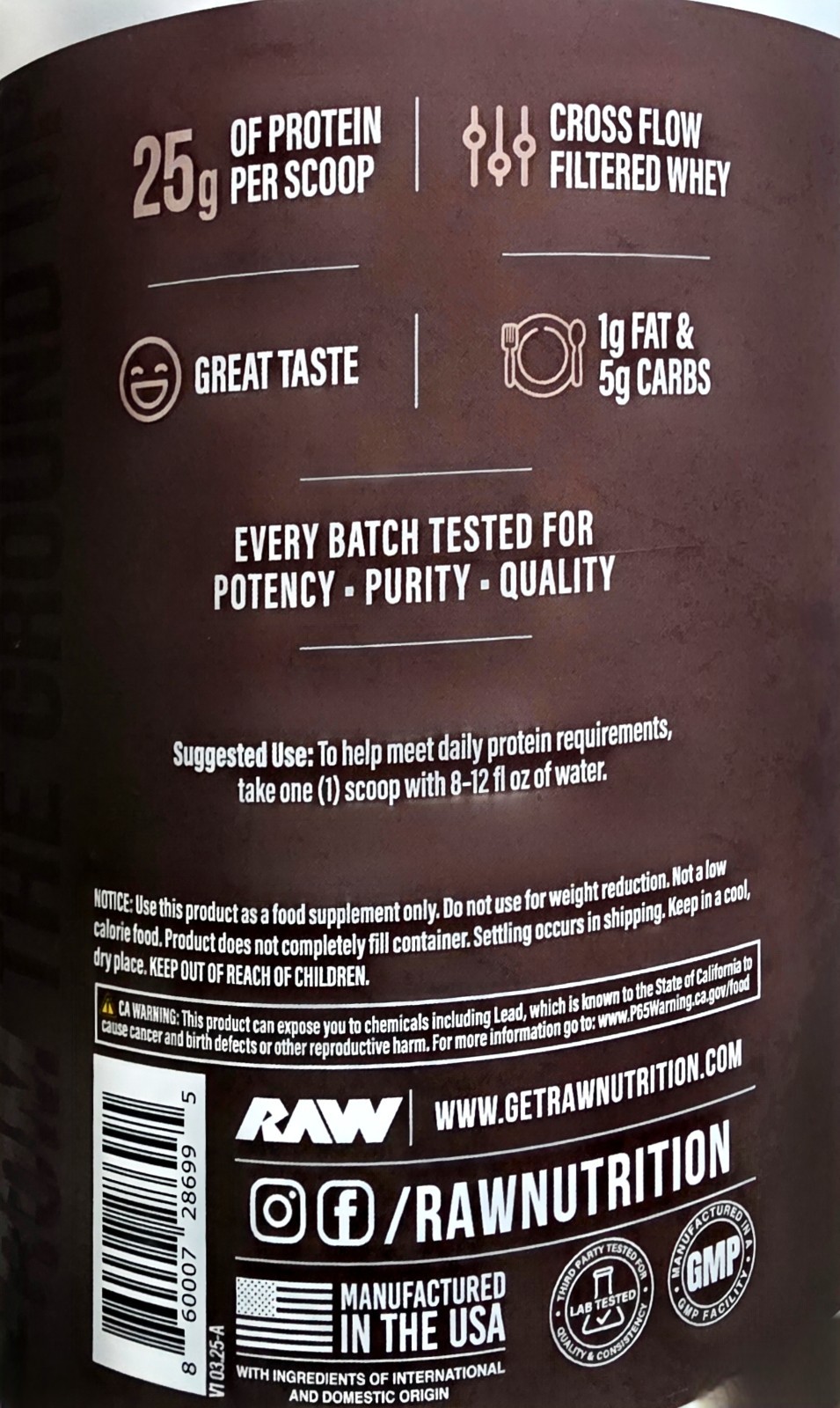 RAW Nutrition Grass-Fed Whey Isolate Protein Powder Chocolate 2 lb 25 Servings