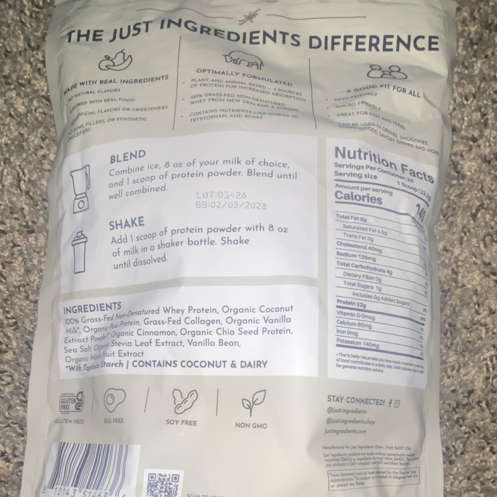 Just Ingredients Vanilla Bean Whey Protein Powder NSF Keto 1.8lb 25sv