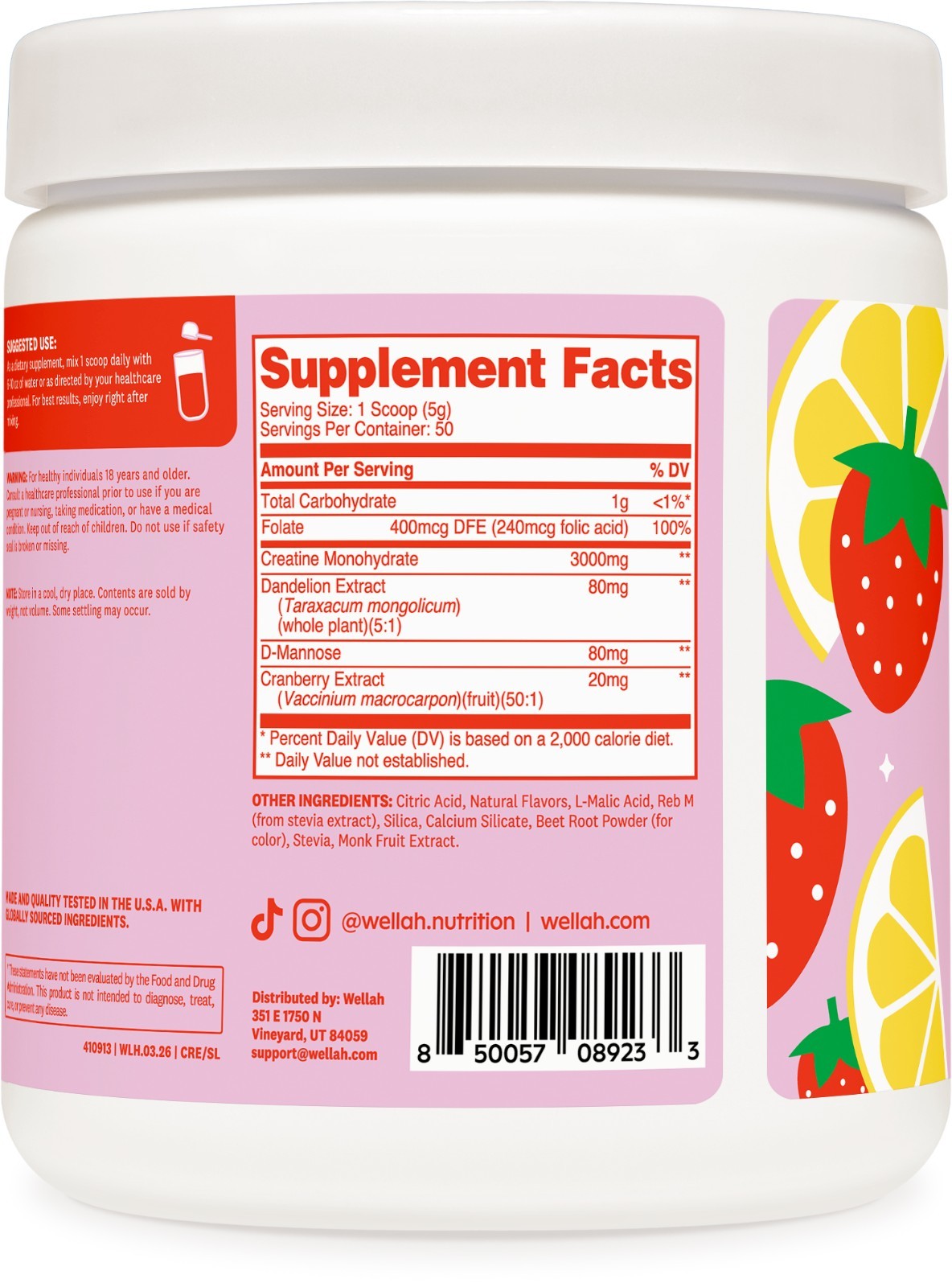 Wellah Pump-It-Up Creatine (50 Servings, Strawberry Lemonade)