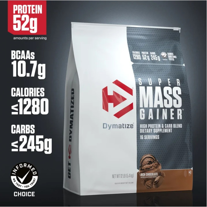 Dymatize Super Mass Gainer, Rich Chocolate, 12 lb, 52g Protein