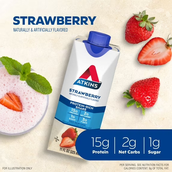 Atkins Protein Shake Strawberry Flavored, 15g Protein, Keto Friendly, 11 fl oz,