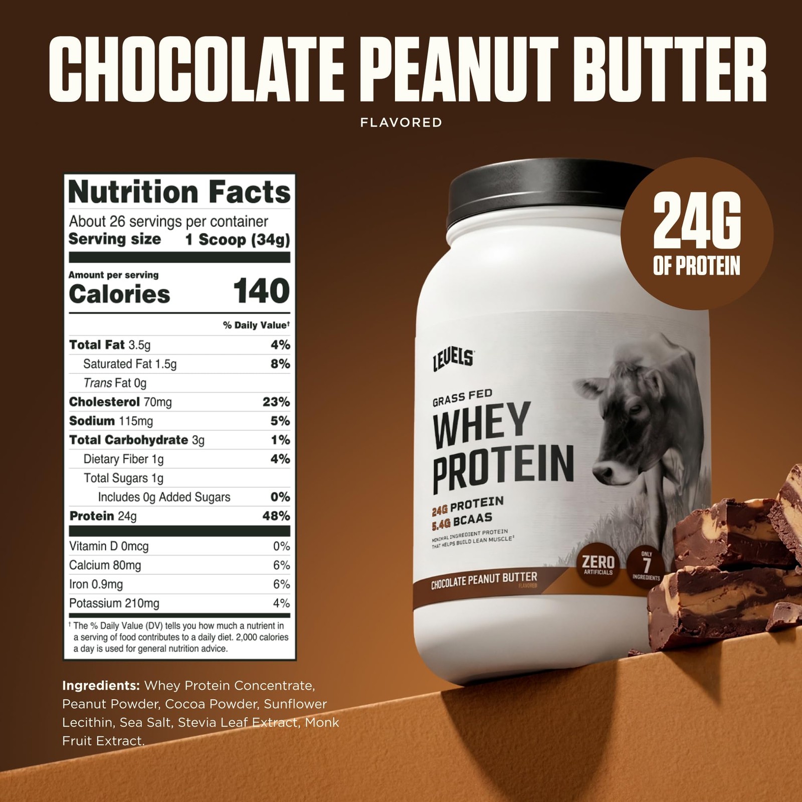 Levels Grass Fed Whey Protein Powder, No Artificials, 24G of Protein, Chocola…
