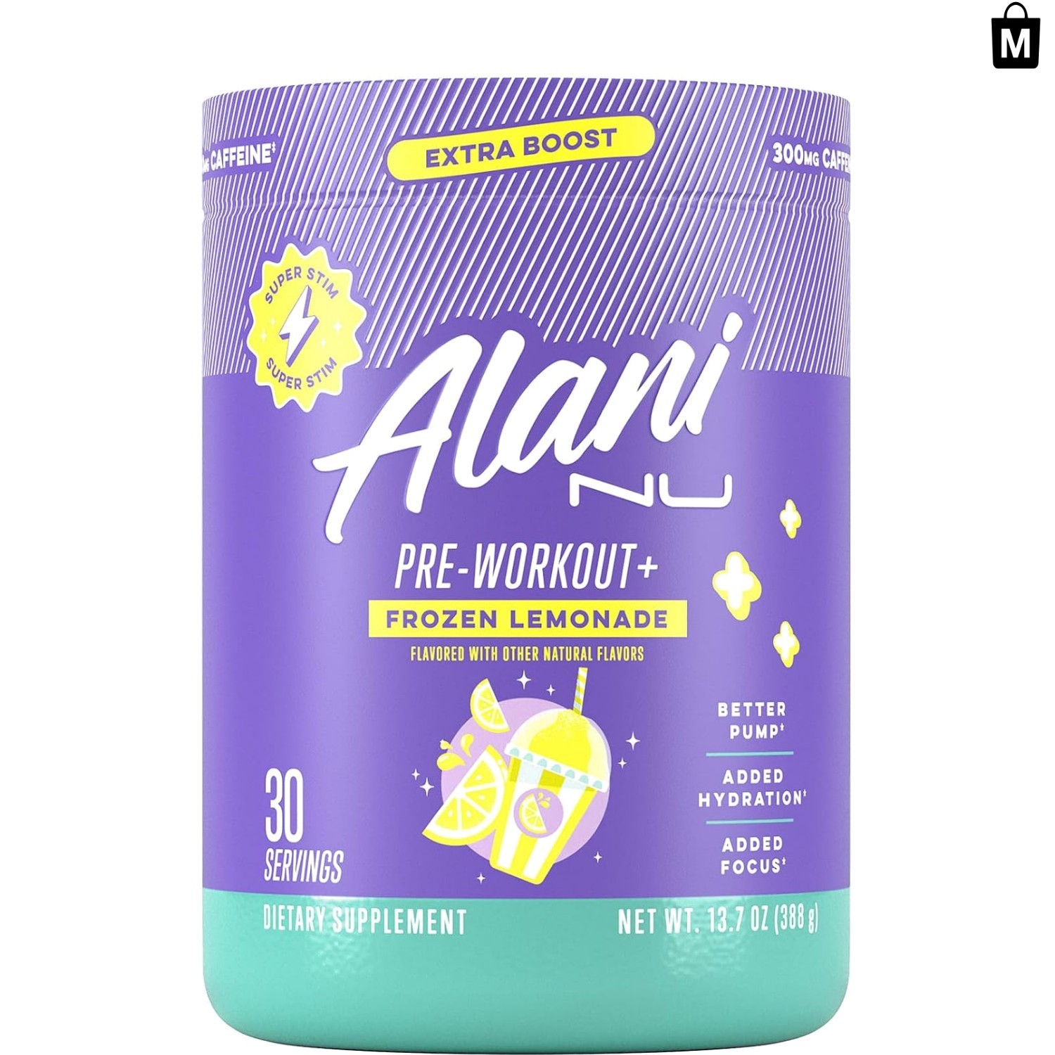 Alani Pre Workout+ Powder, Sugar Free Frozen Lemonade, 30 Servings, 300mg Caf…