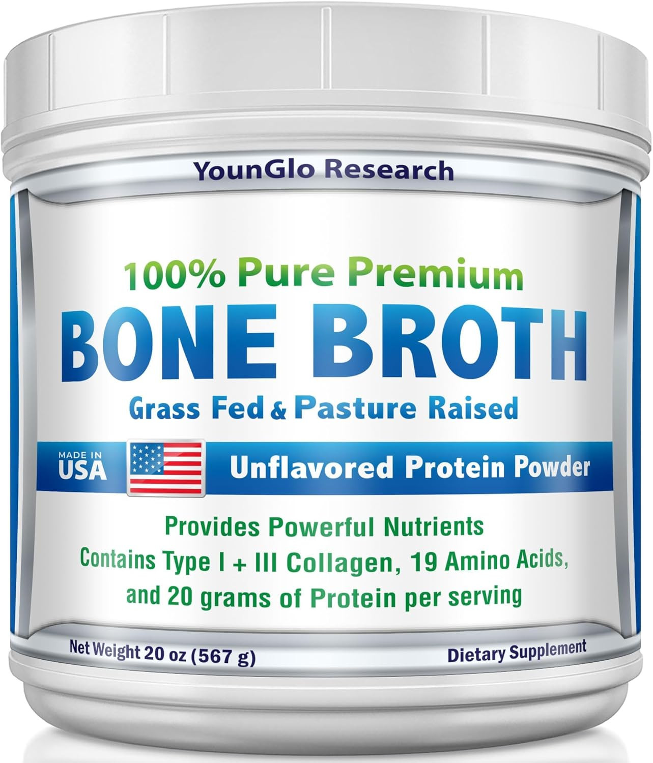 Bone Broth Beef Protein Powder – 1.25 Lb / 20 Oz, Unflavored – Made in USA – Hig