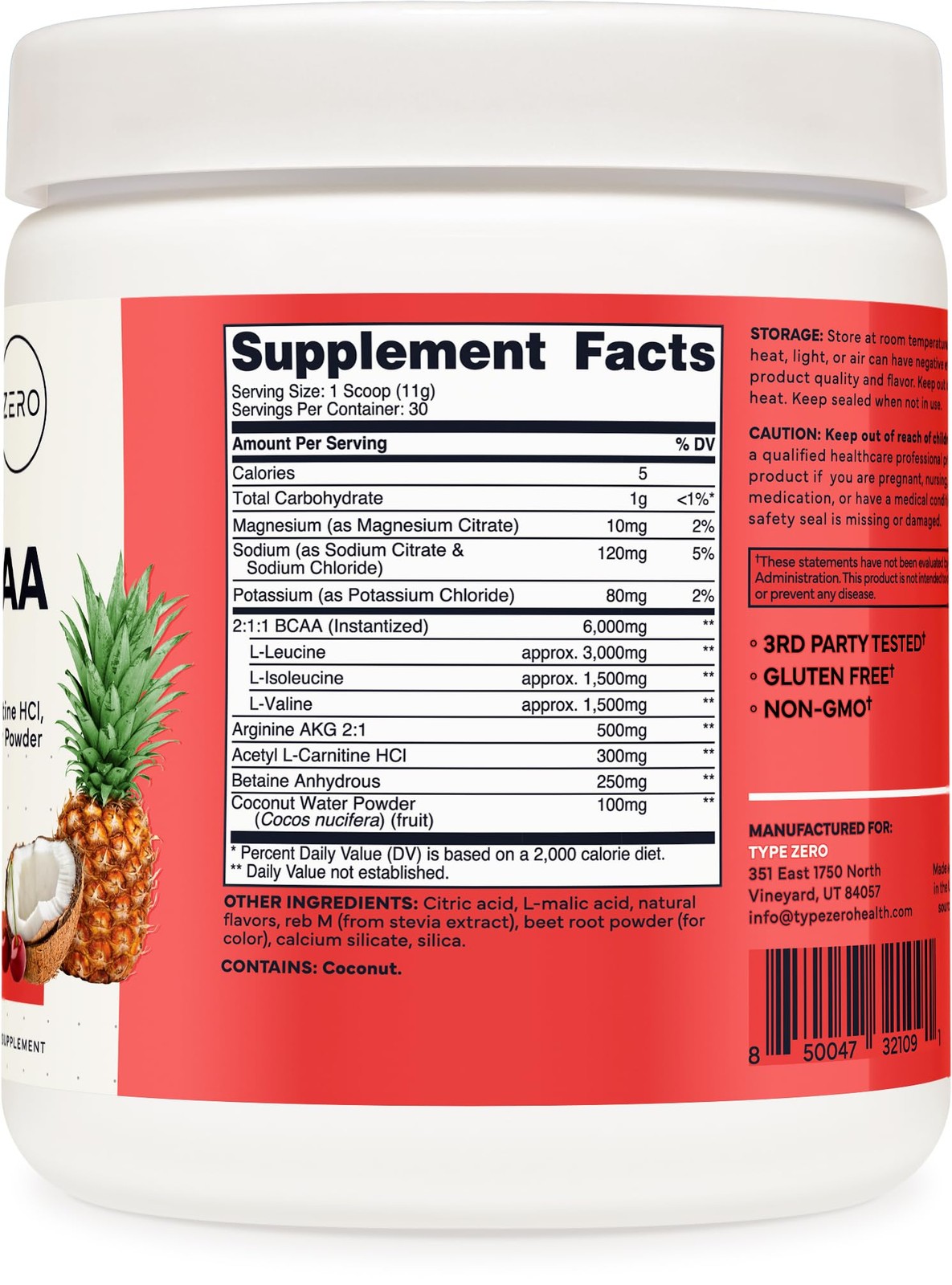Type Zero Ultra Clean Vegan BCAA Powder + Electrolytes (Hawaiian Punch | 6G) 2:1