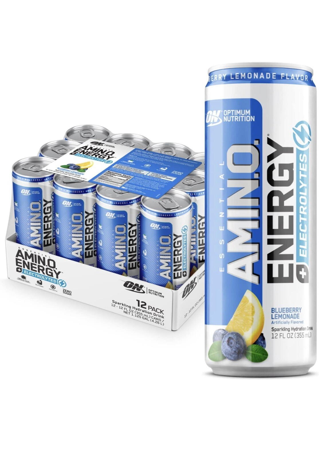 Optimum Essential AMINO ENERGY Blueberry Lemonade Electrolytes Caffeine 12 Pack