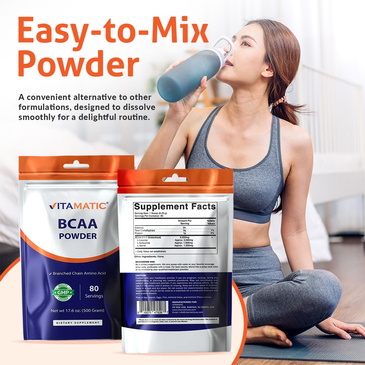 Vitamatic BCAA Powder – 2:1:1 Instantized Branched Chain Amino Acid – 500 Gram