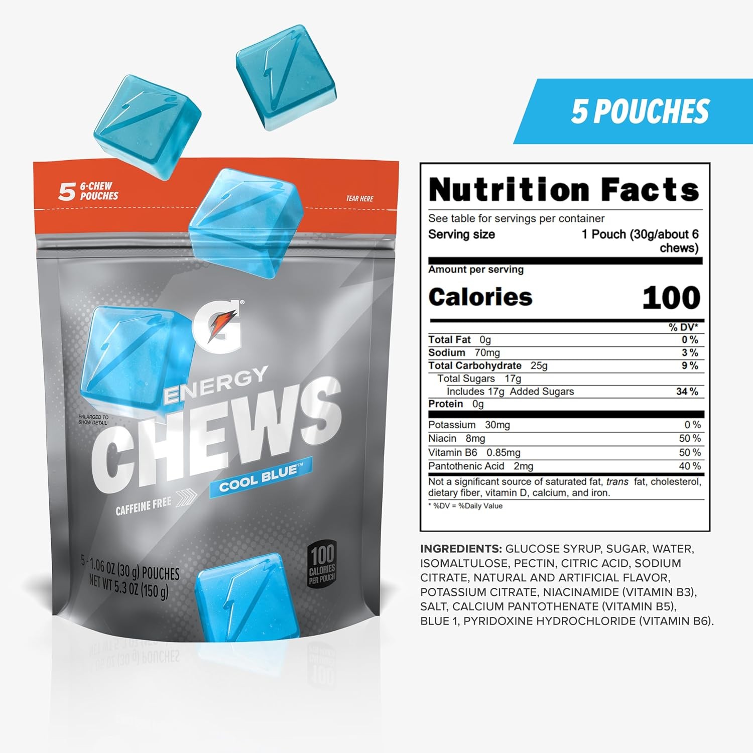 Gatorade Energy Chews, Cool Blue, Caffeine Free, B12, 100 Calorie Pouches, (5 Pa