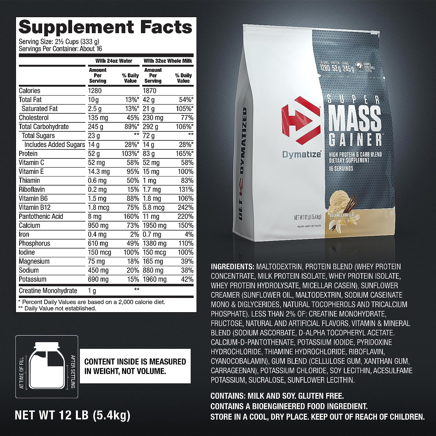 Super Mass Gainer Protein Powder, Gourmet Vanilla, 52G Protein, 1G Creatine, 128