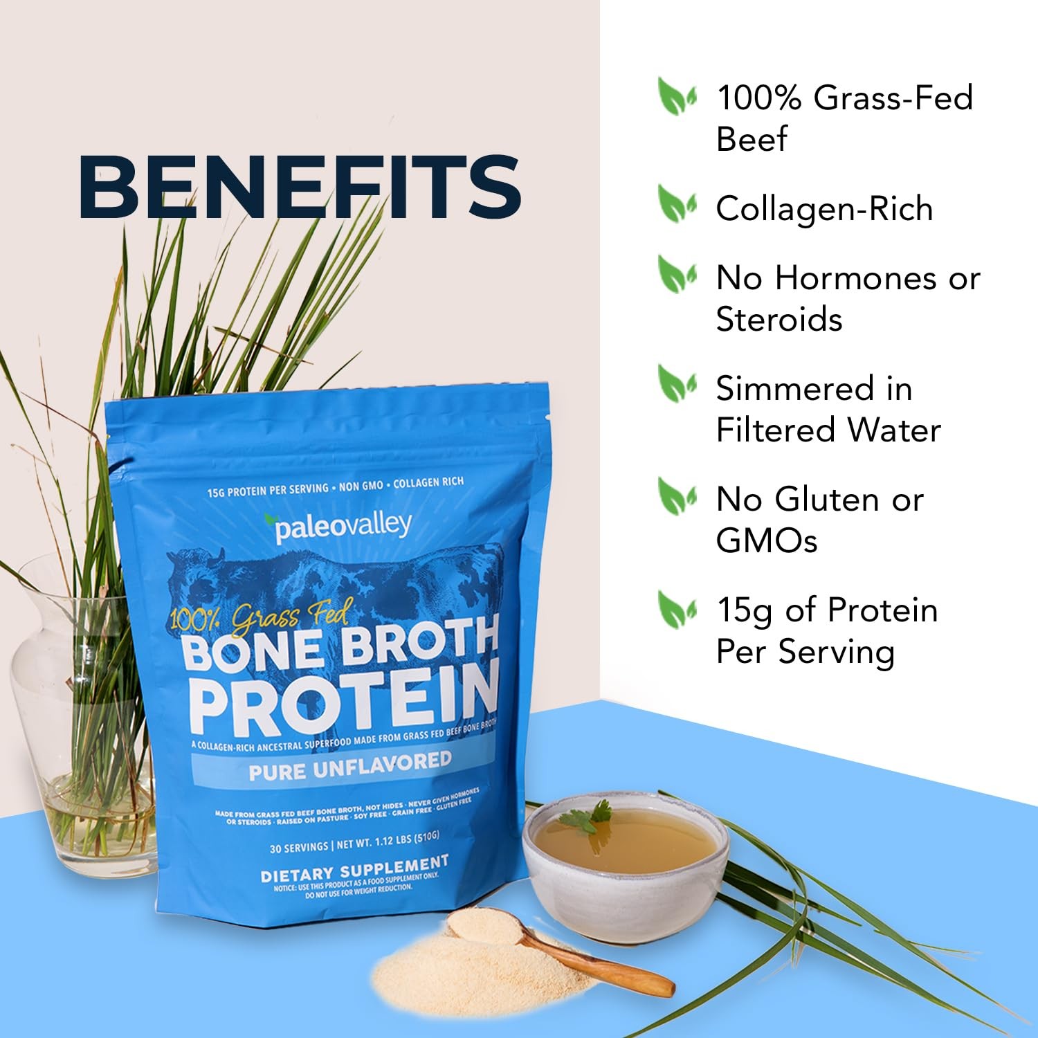 Bone Broth Protein Powder 100% Grass Fed Beef 15g Protein Per Serving No