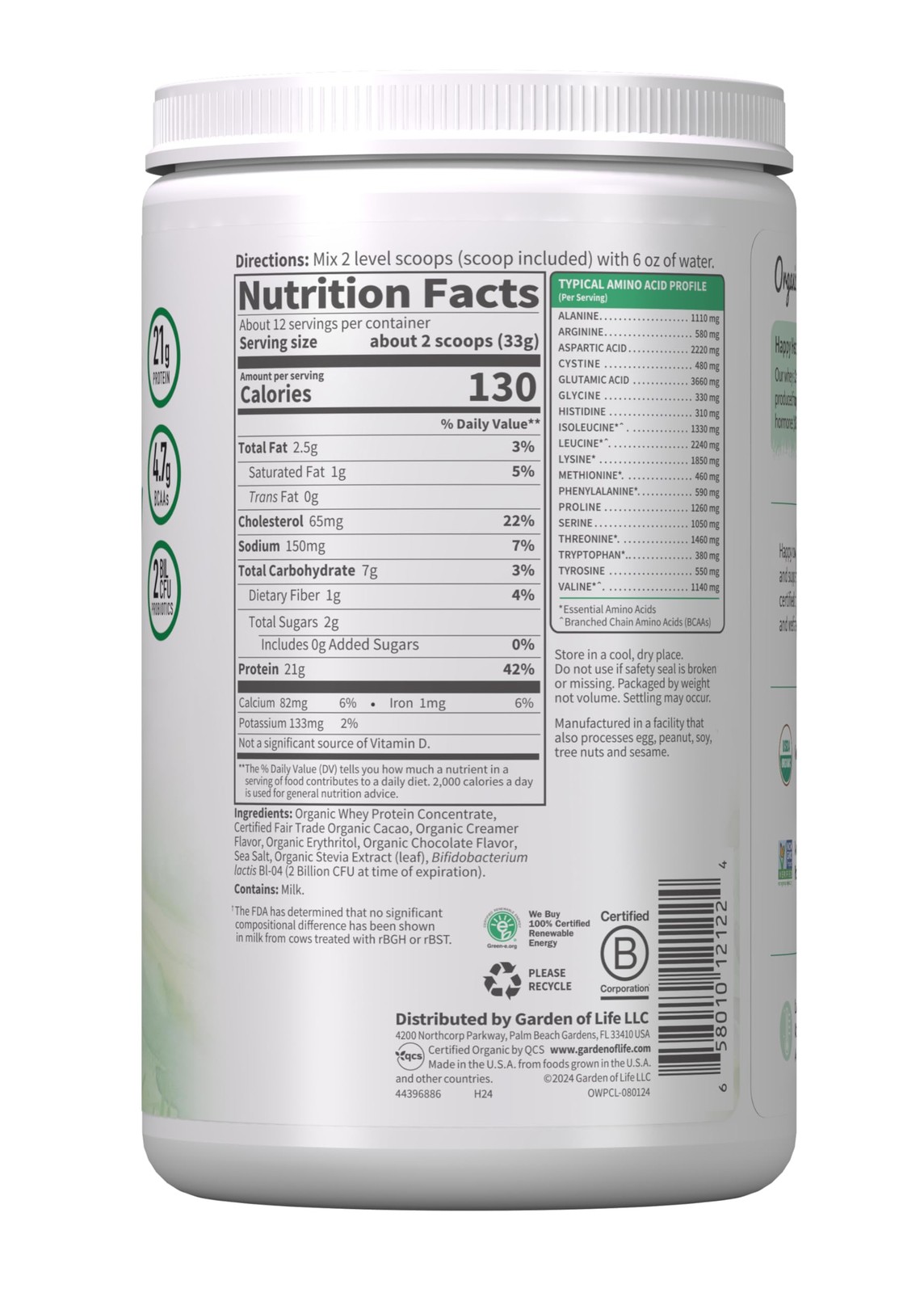 Organic Grass Fed Whey Protein Powder Fair Trade Chocolate Cacao 12 Servings