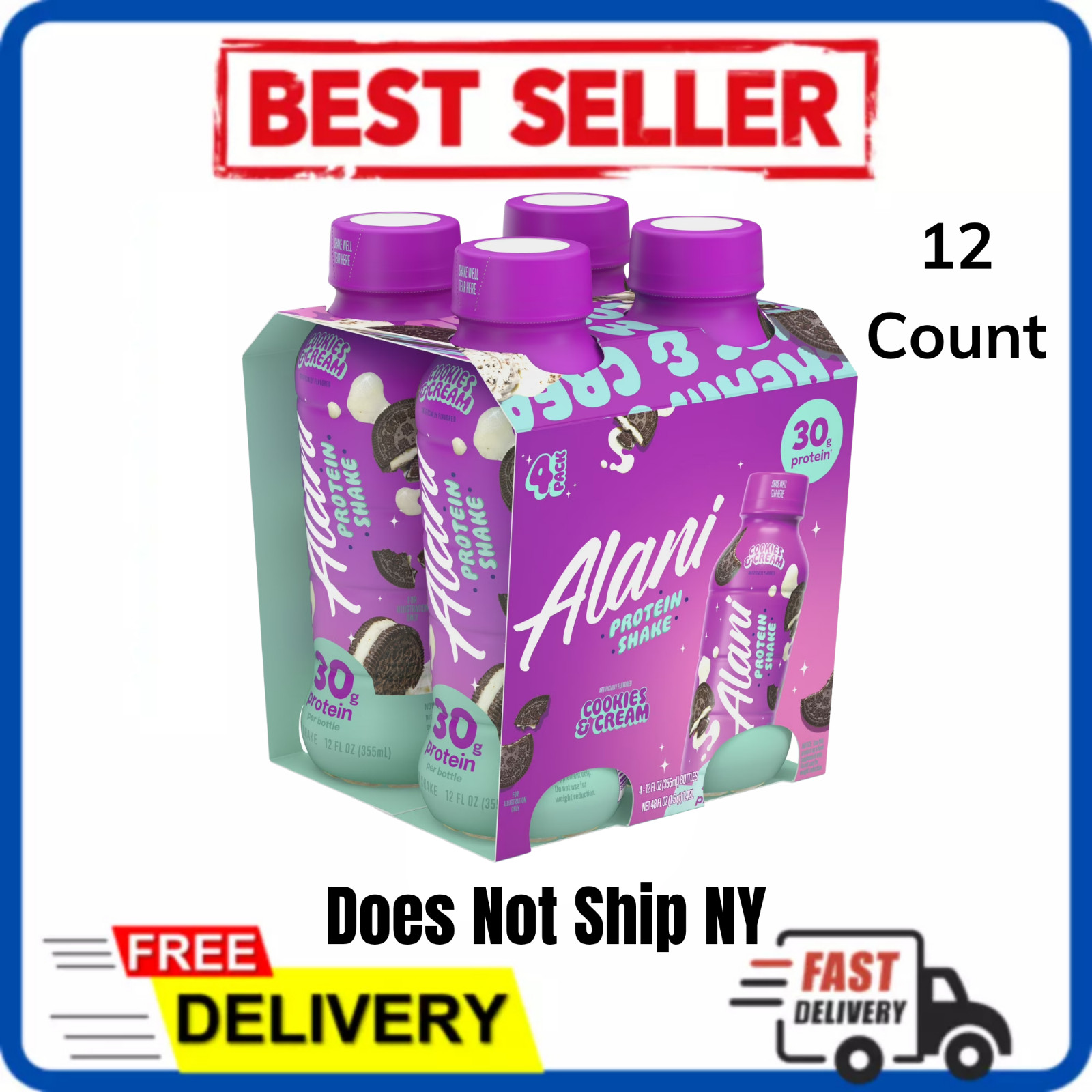 3 Pcs Alani Nu Protein Shake Cookies & Cream 12 oz Bottles 4 Pk | 12 Count Total