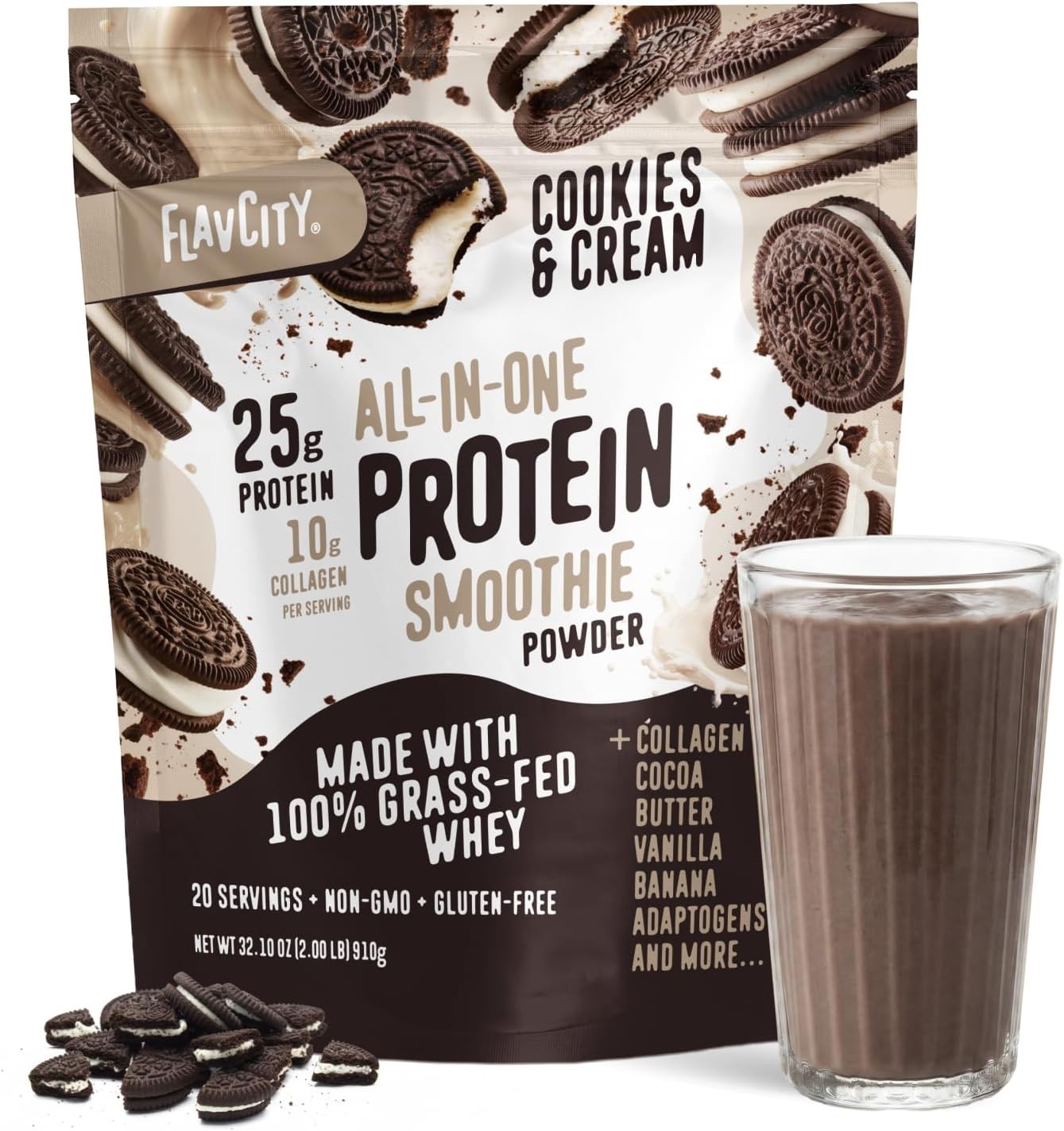 FlavCity All in One Protein Shake Powder Cookies & Cream 20 Servings Grass Fed