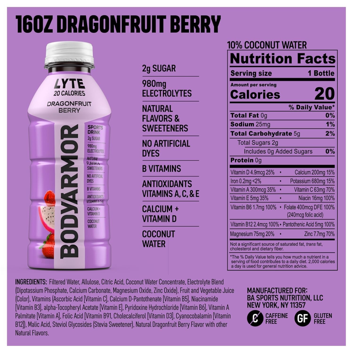 12 Bottles of LYTE Dragonfruit Berry Electrolyte Drinks – Packed with Nutrients