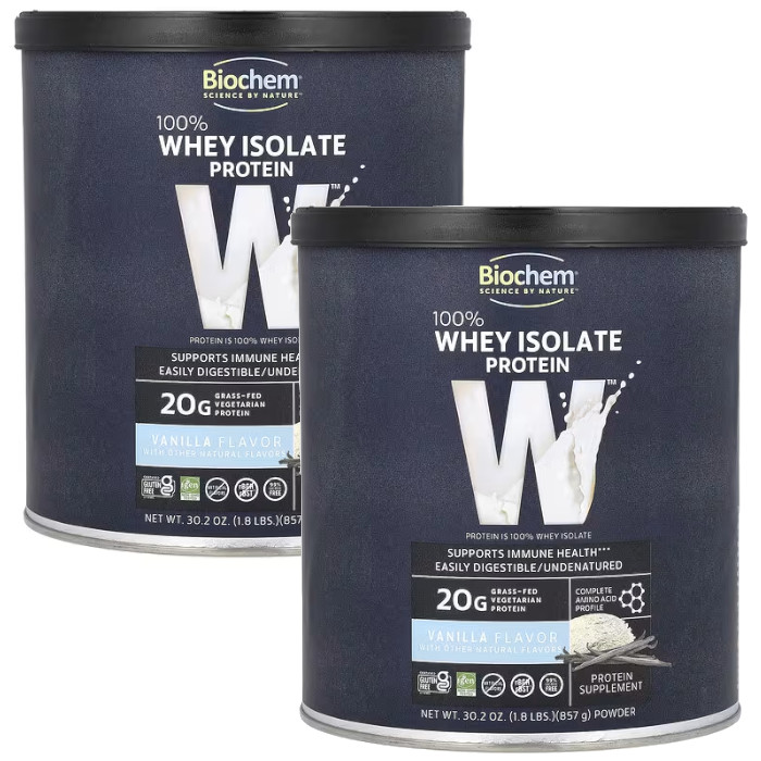 Biochem 100% Whey Protein Isolate Grass Fed Vanilla 857g/1.8 lb Each (Pack of 2)