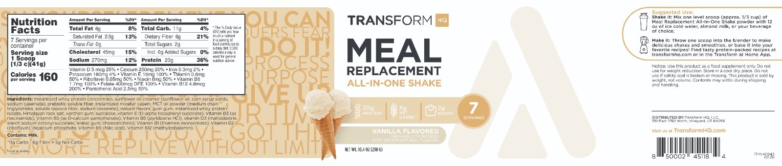 TransformHQ Meal Replacement Shake Powder 7 Servings (Vanilla)