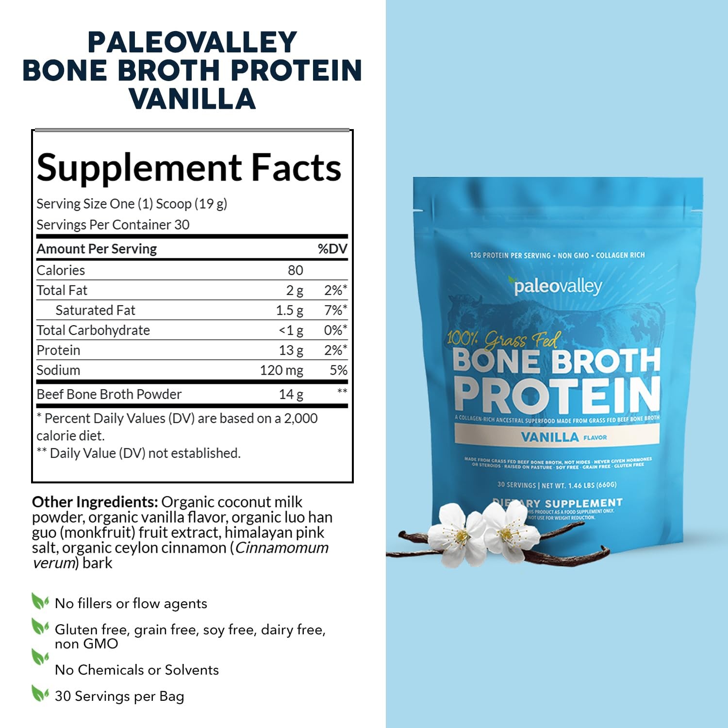 Paleovalley 100% Grass Fed Beef Bone Broth Protein 1.17 Pound (Pack of 1)