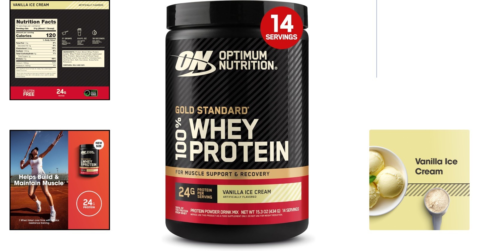 1 lb Gold Standard Whey Protein, Vanilla Ice Cream Flavor – Post Workout Boost