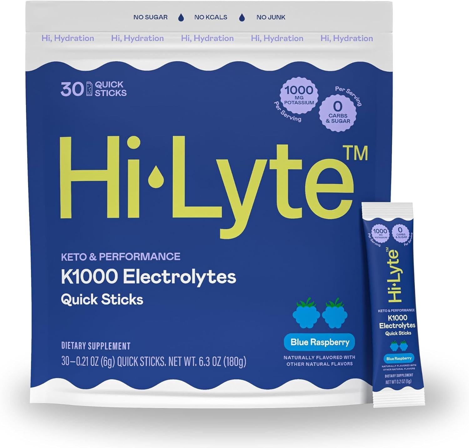 Hi-Lyte K1000 Blue Raspberry Electrolytes Powder Packets, 30 Servings – 1000mg