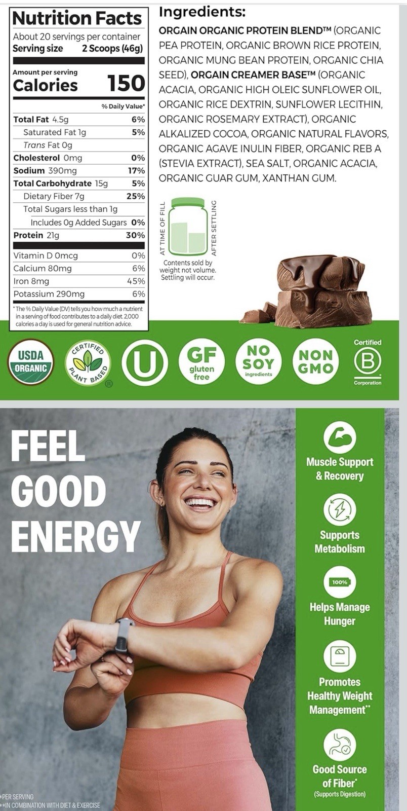 Orgain Organic Plant-Based Protein Powder Creamy Chocolate Fudge 2.03 lb 20 Serv
