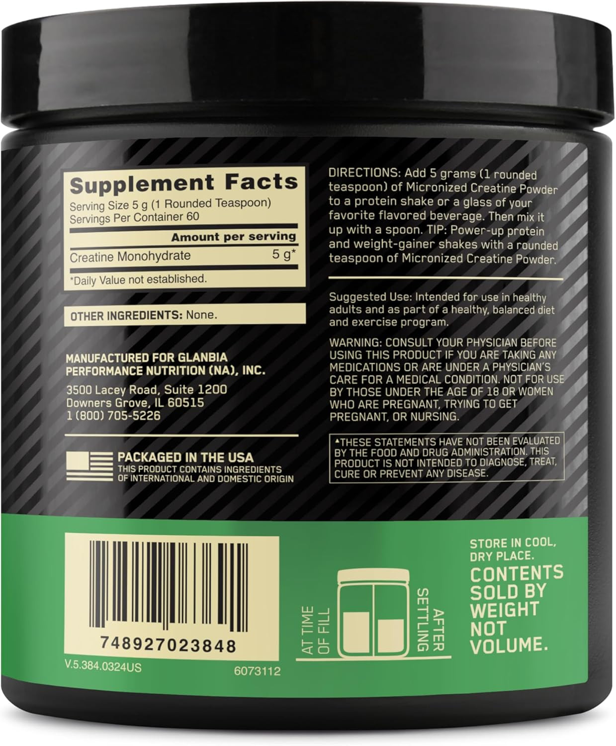 Optimum Nutrition Micronized Creatine Monohydrate Powder, Unflavored, 60 Serving