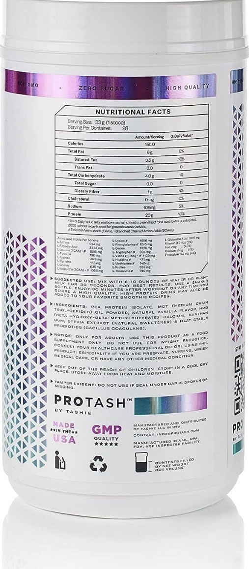 Protash Plant-Based Pea Protein Powder w/ HMB, Vegan Vanilla, 2.03 lb