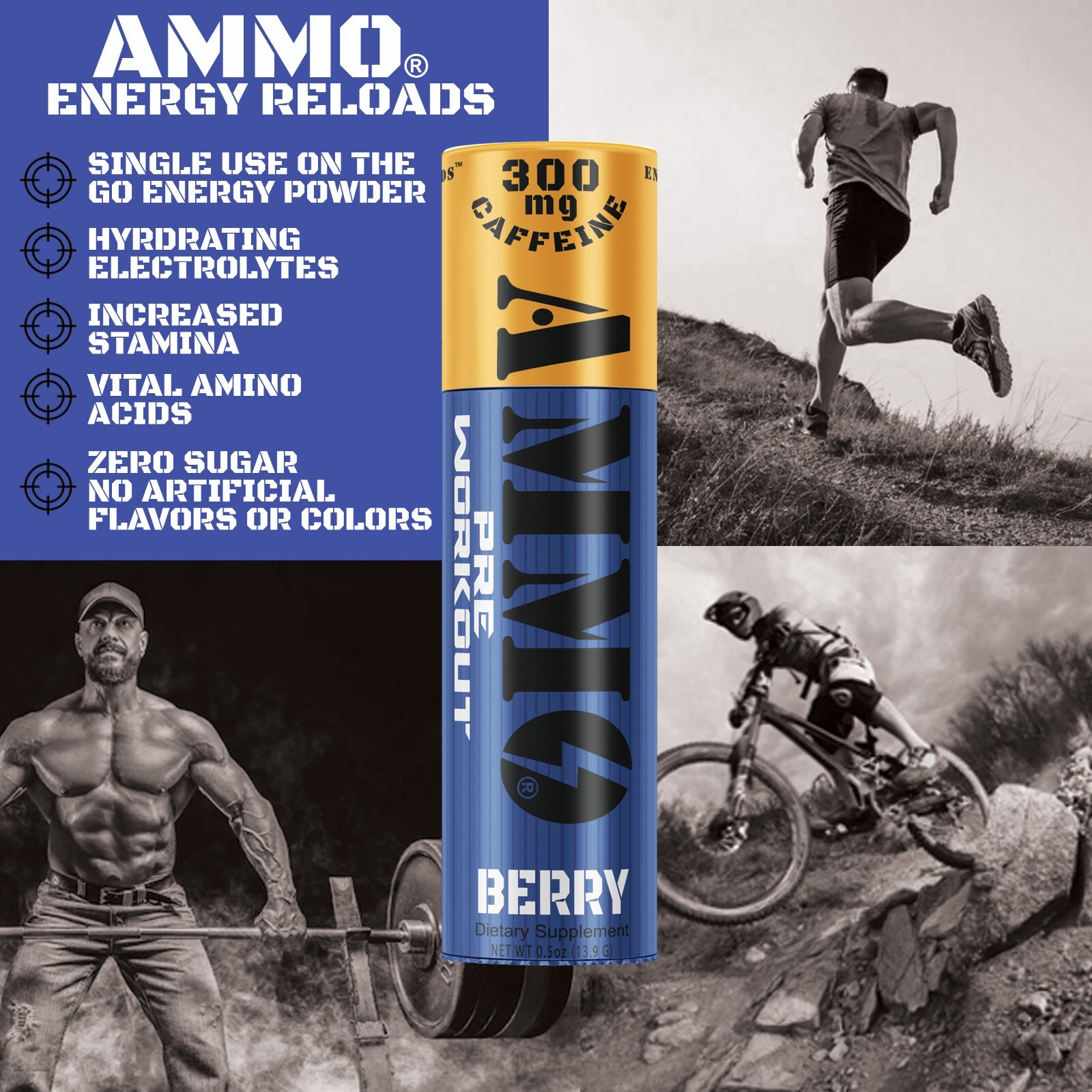 AMMO Energy Reloads Berry Single Shot 12ct pre workout 300mg Caffeine Zero Sugar