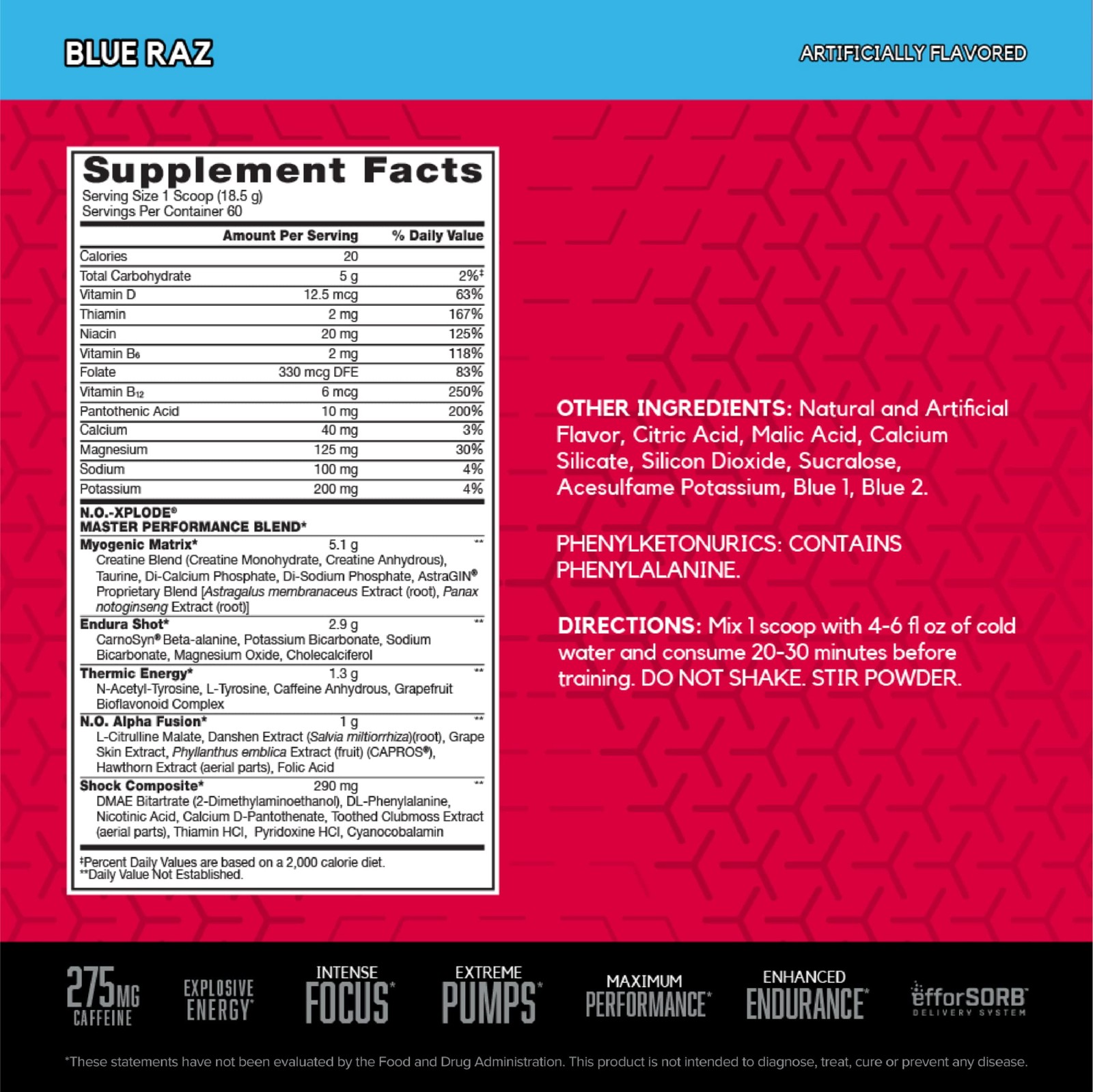 N.O. Xplode Pre-Workout Supplement with Creatine, Beta-Alanine, and Energy, Blue